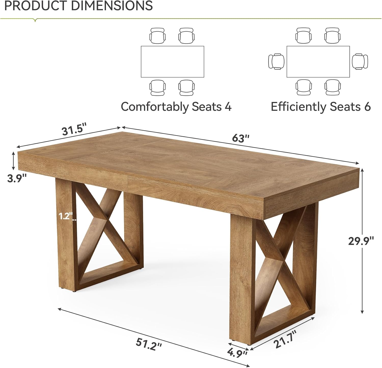 LITTLE TREE 63-Inch Dining Table for 4-6 People, Farmhouse Thick Appearance Design, Rectangle Kitchen Dinner Table for Home, Rustic Yellowish Brown
