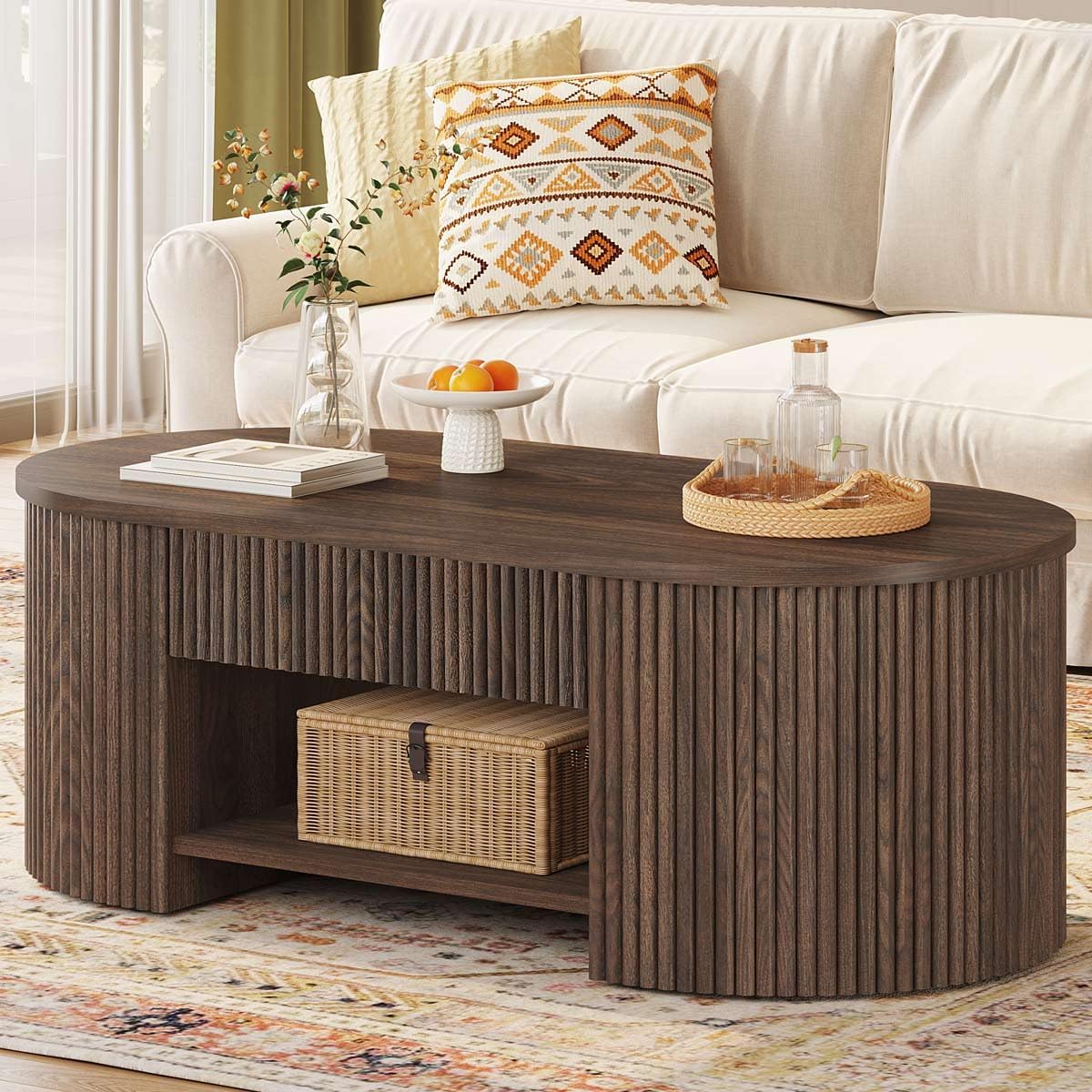 FATORRI Coffee Table with Storage, Mid Century Modern Wood Fluted Center Table with Shelf, Oval Coffee Tables with Drawer (Dark Walnut, 43.31 Inch)