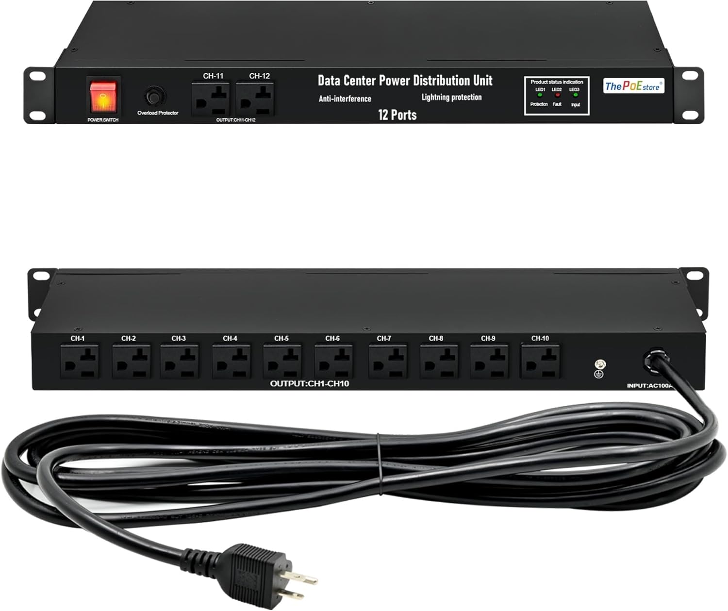 1U Horizontal PDU 19″ Rack Mount Power Strip - Surge Protector, for Network Servers. 12 NEMA 5-15R Outlet, 120V 20A, 3600 Joules 10KA, Heavy-Duty 12 AWG 16 ft Cord, w/AC Filter