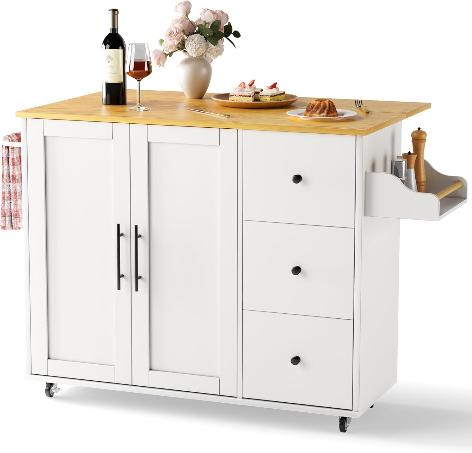 GRUSIGN Kitchen Island on Wheels with Storage-Multifunctional Kitchen Island Cart with Drop Leaf, Rolling Island with Spice/Towel Rack,Expandable Island Table Kitchen,39.37