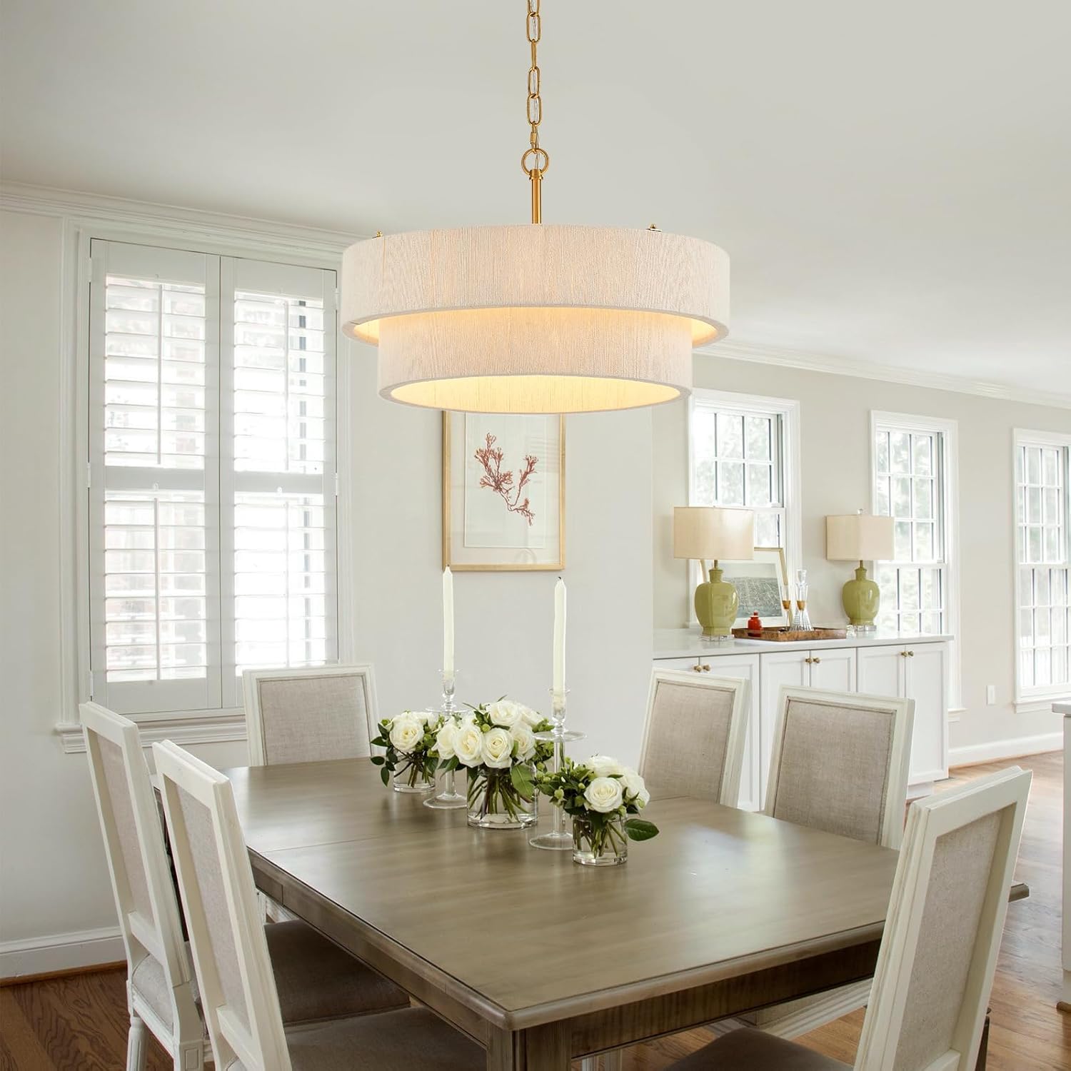 20”Hand Woven Rattan Chandelier Boho Pendant Light Adjustable Coastal Pendant Light for Kitchen Island Dining Living Room, White, UL Listed