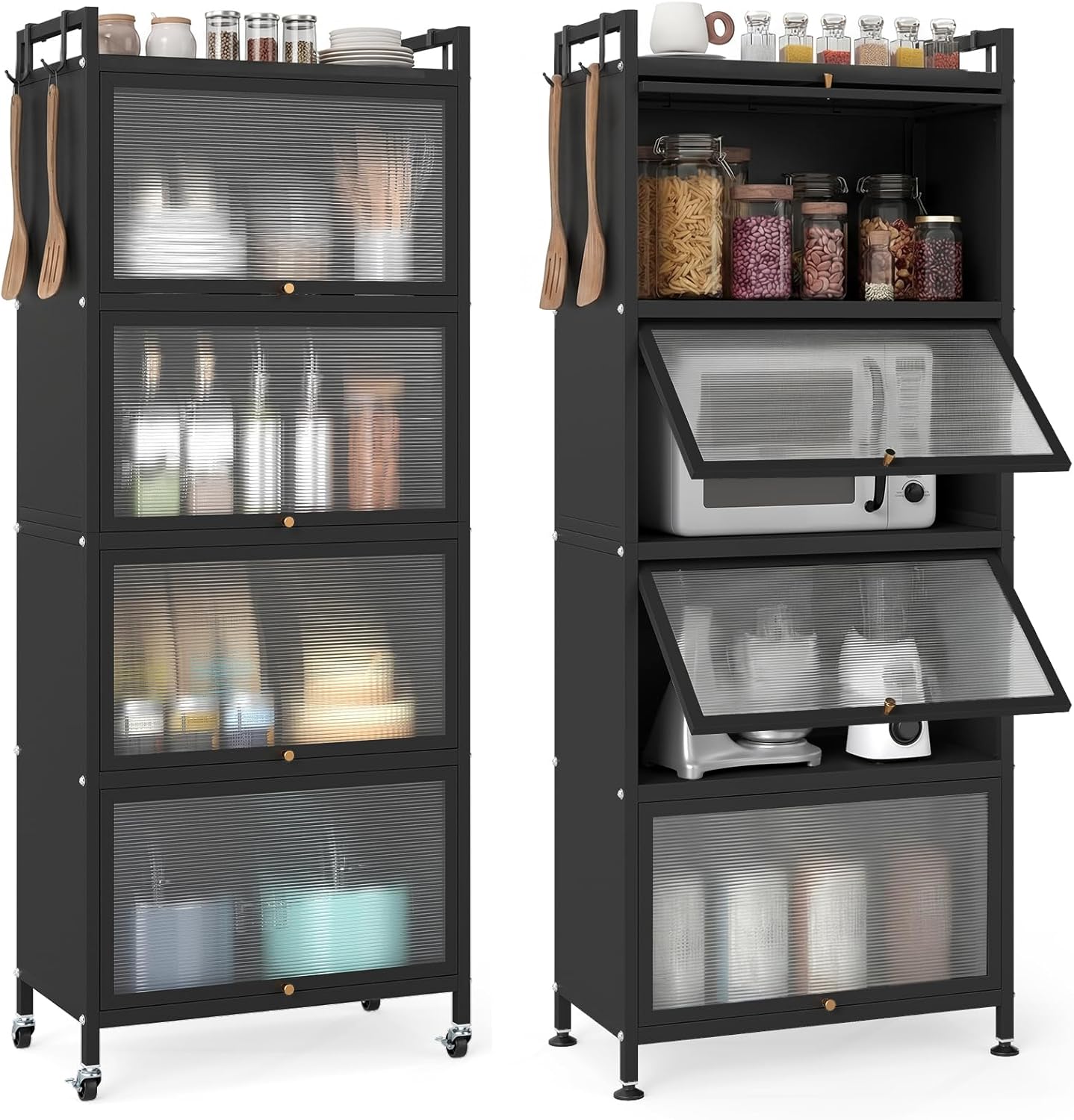 Giantex 5-Tier Kitchen Storage Cabinet, Mobile Microwave Stand with Flip-up PC Doors, Freestanding Kitchen Bakers Rack with 4 Rolling Casters, for Dining Room, Living Room and Study, Black