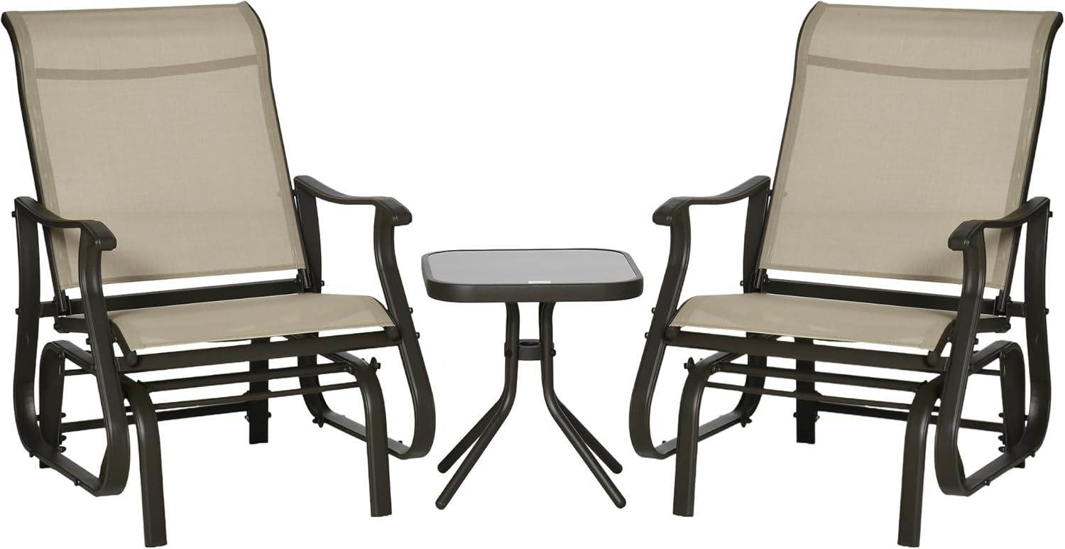 Outsunny 3-Piece Outdoor Gliders Set, Bistro Table and Chairs with Steel Frame, Tempered Glass Top Table for Patio, Garden, Backyard, Lawn, Gray