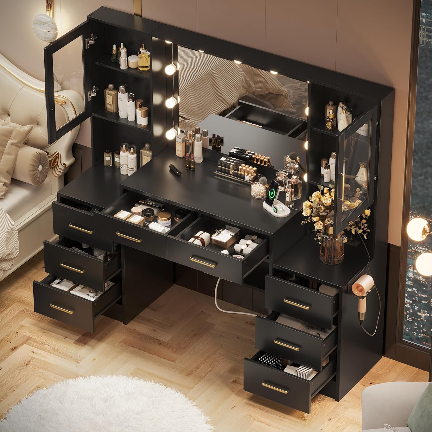 TOKSOM Black Vanity Desk with Mirror, Lights & Charging Station, 58.3