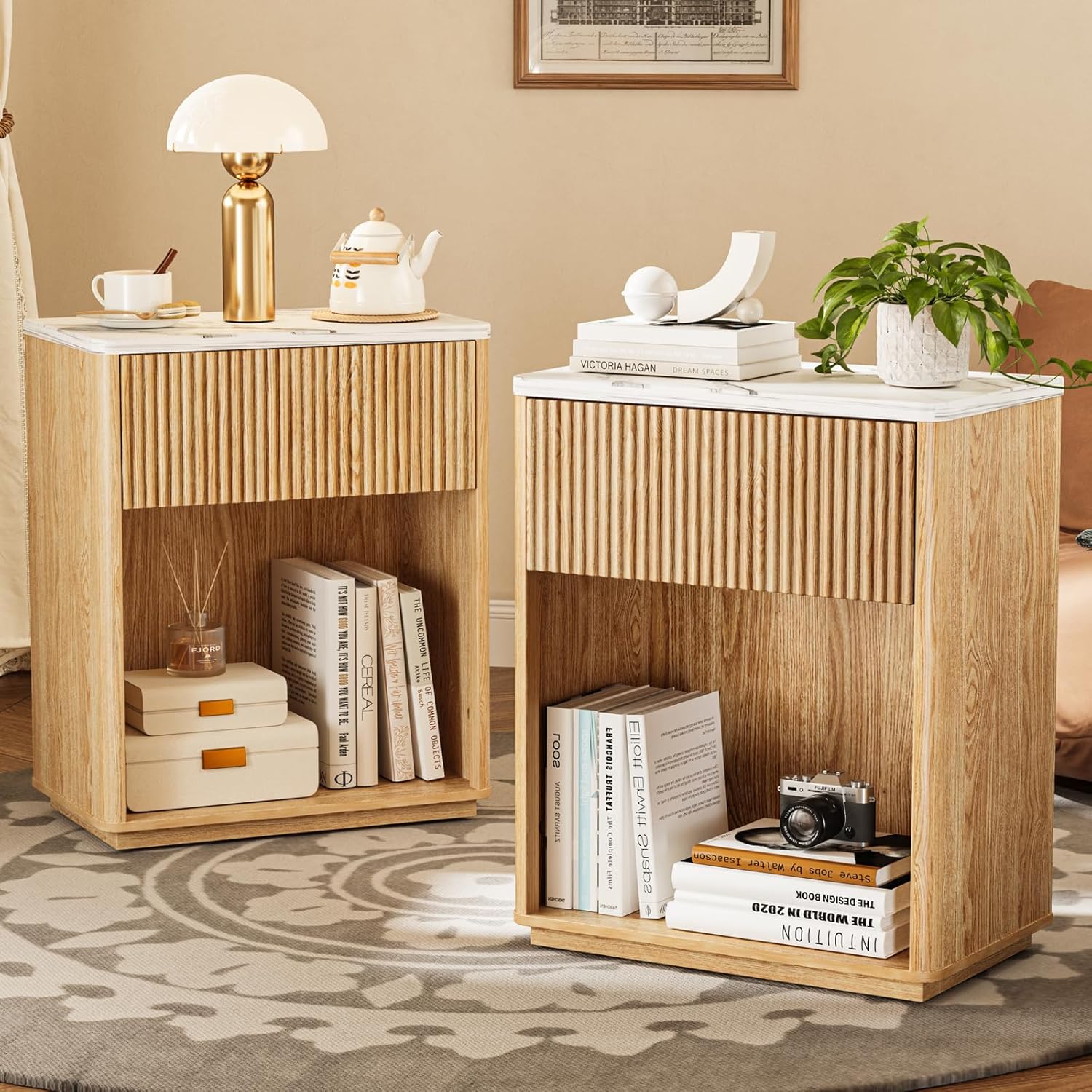 Modern Fluted Nightstand Set of 2 for Bedroom, Mid Century Bedside Table Set with Marble Top & Drawer, Wood End Table, 2 Farmhouse Night Stands for Guest Room, Hallway, Oak