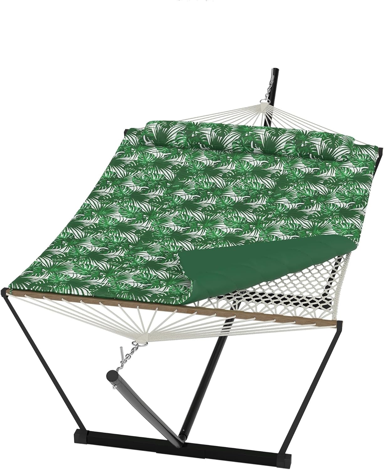 Green with Leaves Pattern 2 Person Hammock with Stand, 2 Person Hammock with Pillow, 450 LBS Capacity Heavy Duty Steel Stand, Freestanding Hammock for Patio, Backyard, Outdoor