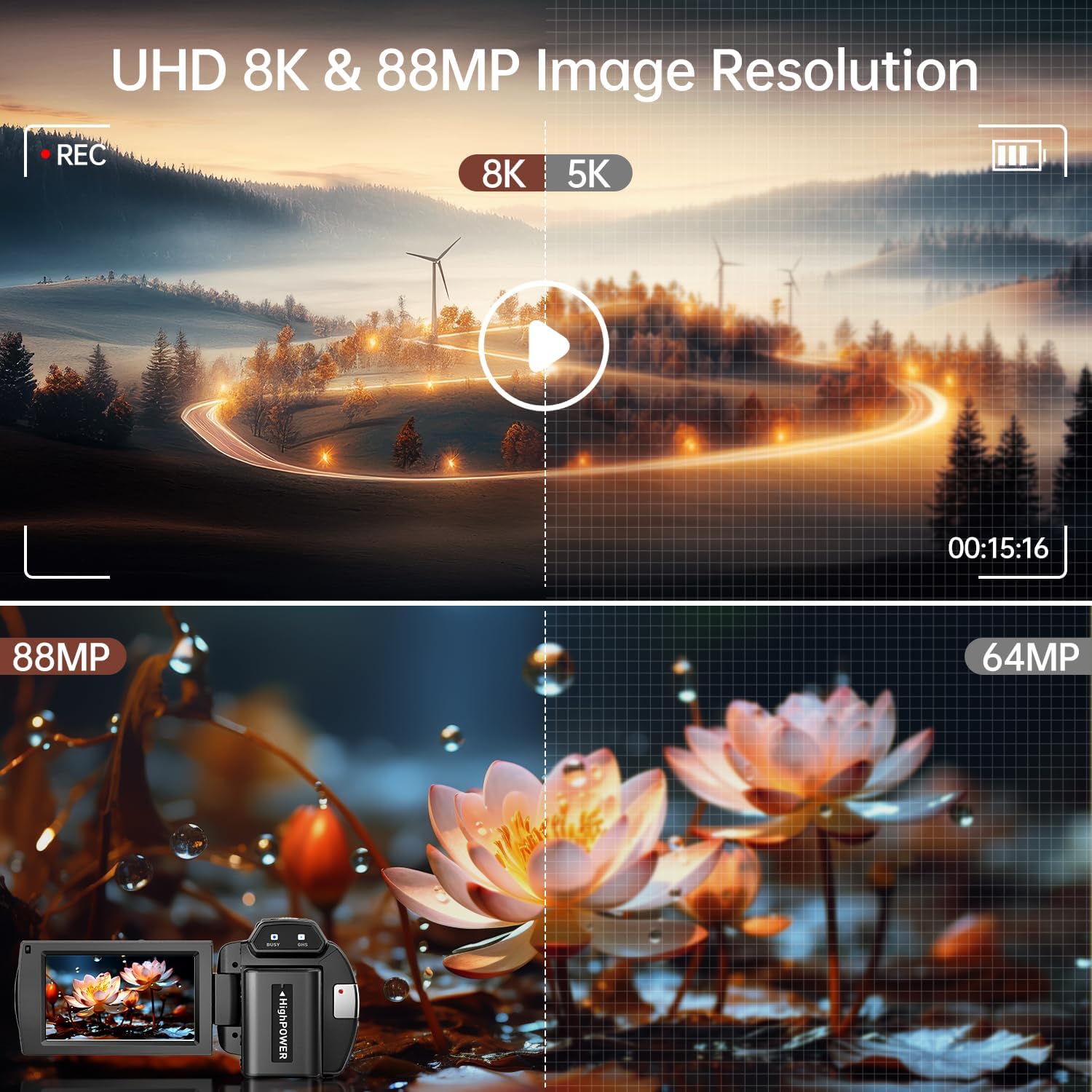 8K Video Camera 88MP UHD WiFi Vlogging Cameras for YouTube 18X Digital Zoom IR Night Vision 3.0'' Touch Screen Camcorder with 32GB Card, Microphone, Lens Hood, Stabilizer, Remote, Two Batteries