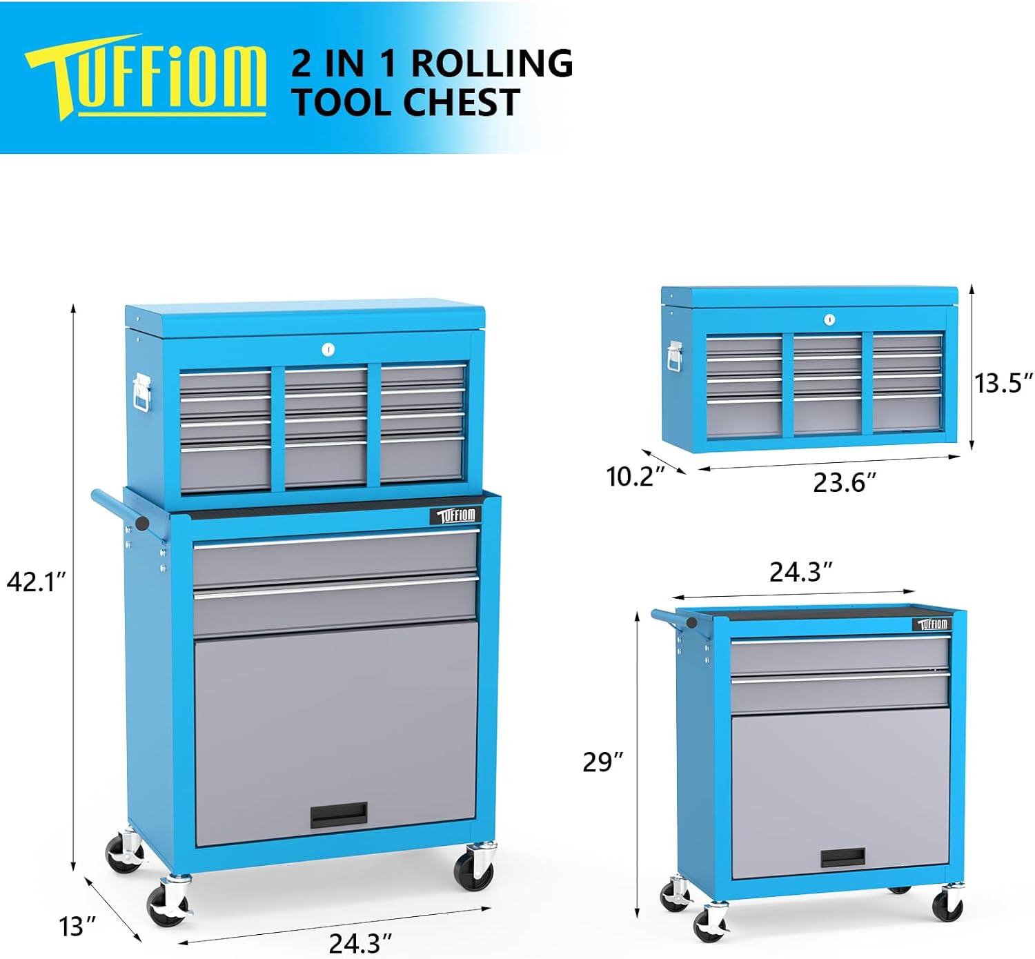 TUFFIOM 8-Drawer Rolling Tool Chest w/Lock, Tool Storage Cabinet w/Wheels, Detachable Top, Drawers & Drawer Liners, Tool Organizer Box for Garage, Warehouse & Repair Shop