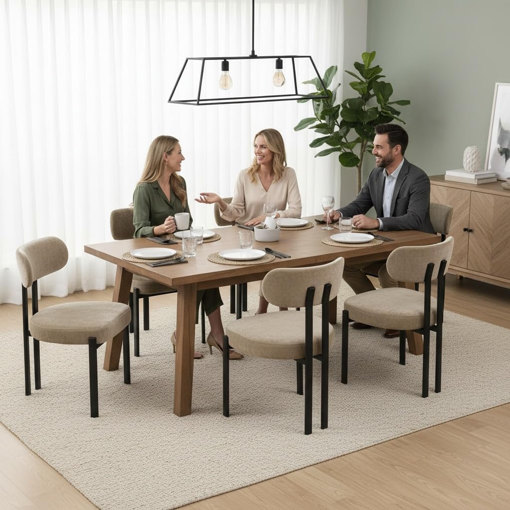 LukeAlon Chenille Dining Chairs Set of 6, Modern Curved Back Armless Kitchen Chairs with Black Metal Legs Upholstered Dining Room Chairs Reception Chairs for Living Room Office Restaurant, Khaki