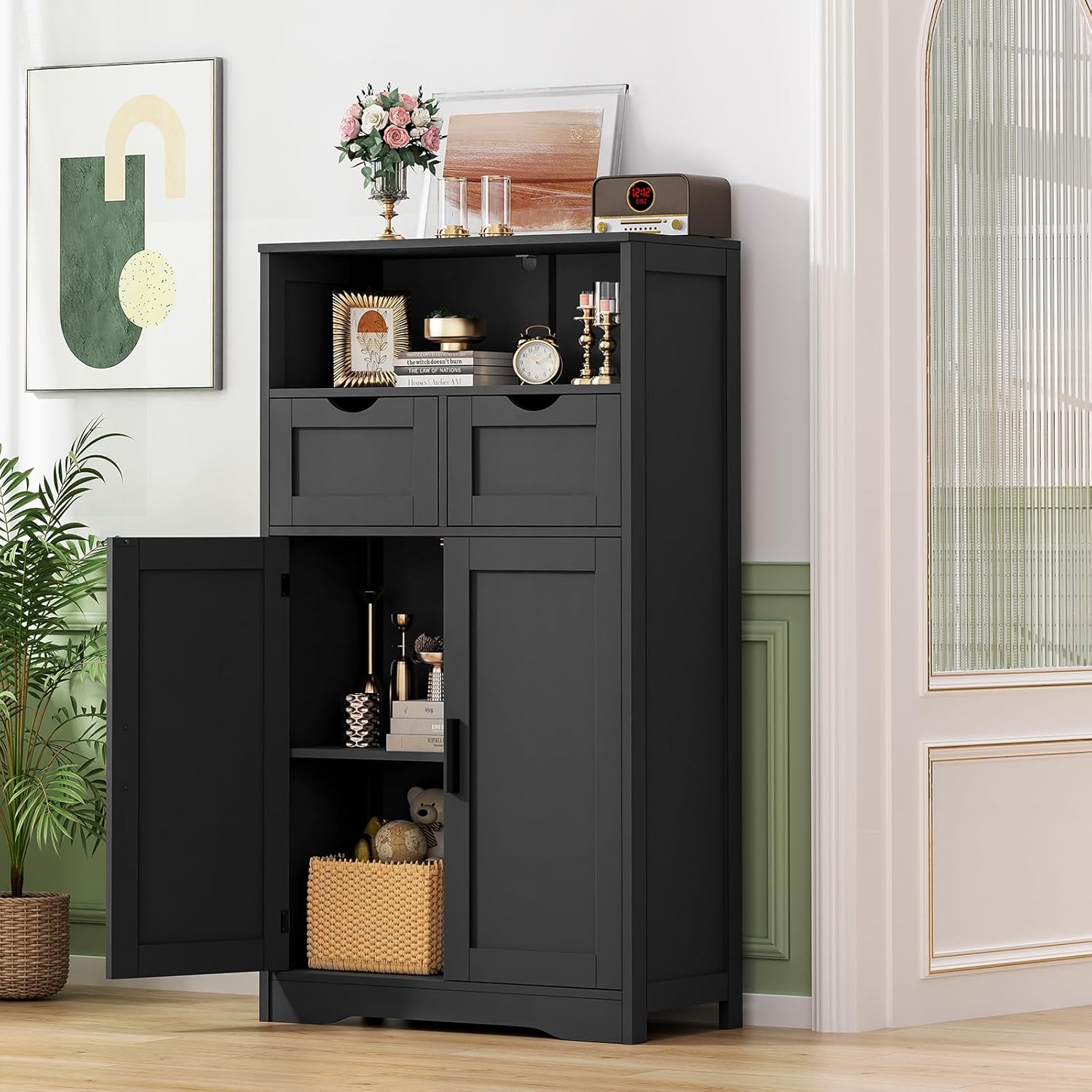 Iwell Storage Cabinet with Doors & Shelves, Kitchen Pantry Cabinet, Bathroom Cabinets for Living Room, Kitchen, Laundry, Black