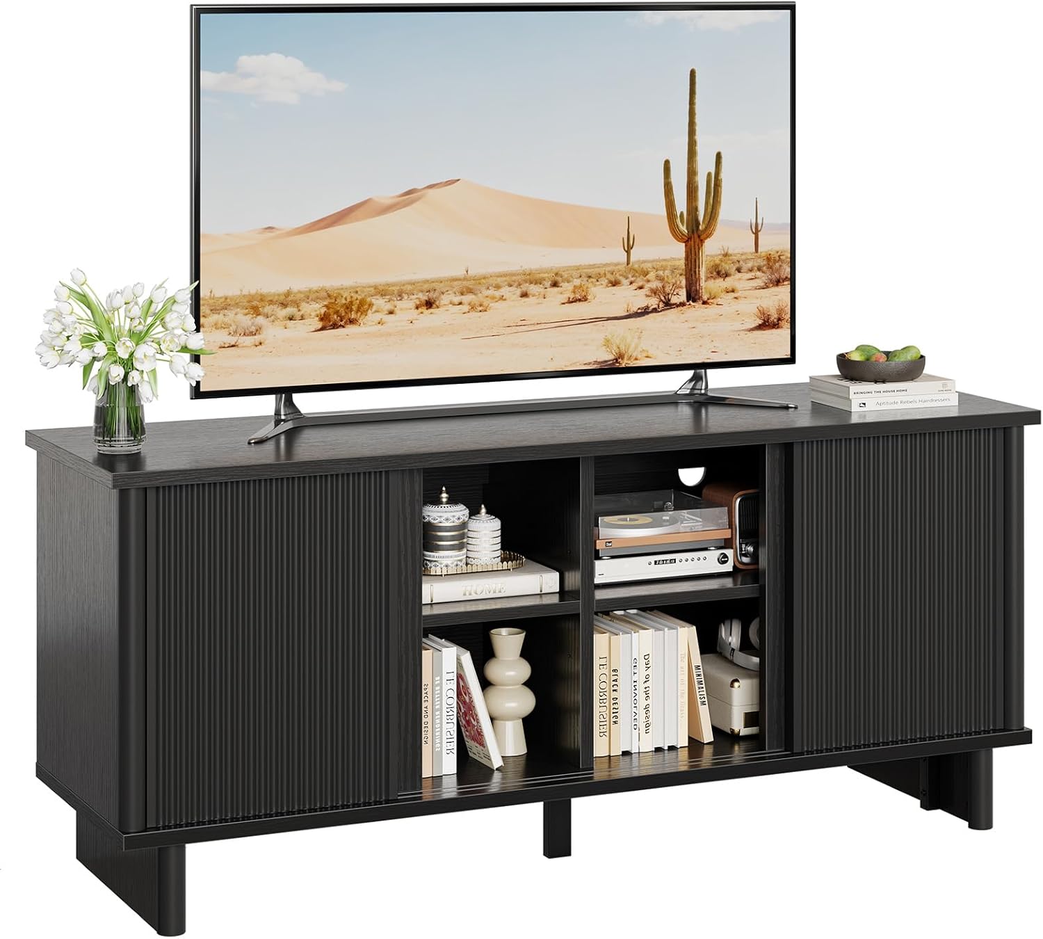 Bestier Mid Century Modern Tv Stand for 55/60/65 Inch TV, Solid Wood Legs Entertainment Center with Vertical Striped Sliding Door& Cable Management, Media Console Cabinet for Living Room(Black)