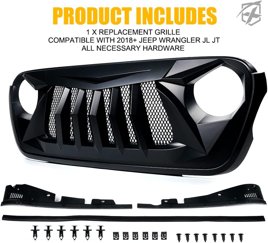 Xprite Matte Black Front Grille Grid Grill w/Mesh Compatible with 2018-2021 Jeep Wrangler JL JT - Black Widow Series
