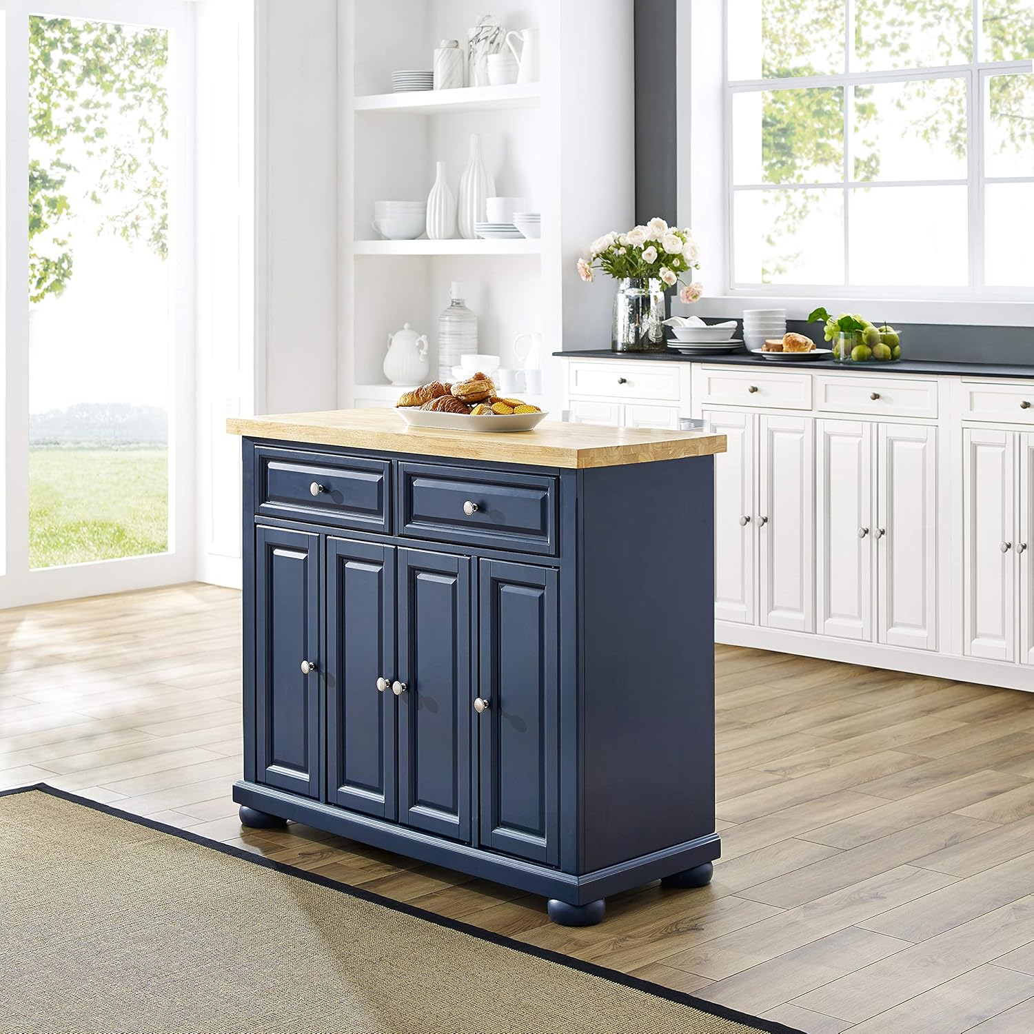 Crosley Furniture Madison Madison Kitchen Island, Microwave Stand, Coffee Bar, with Storage Shelves and Drawers, Navy