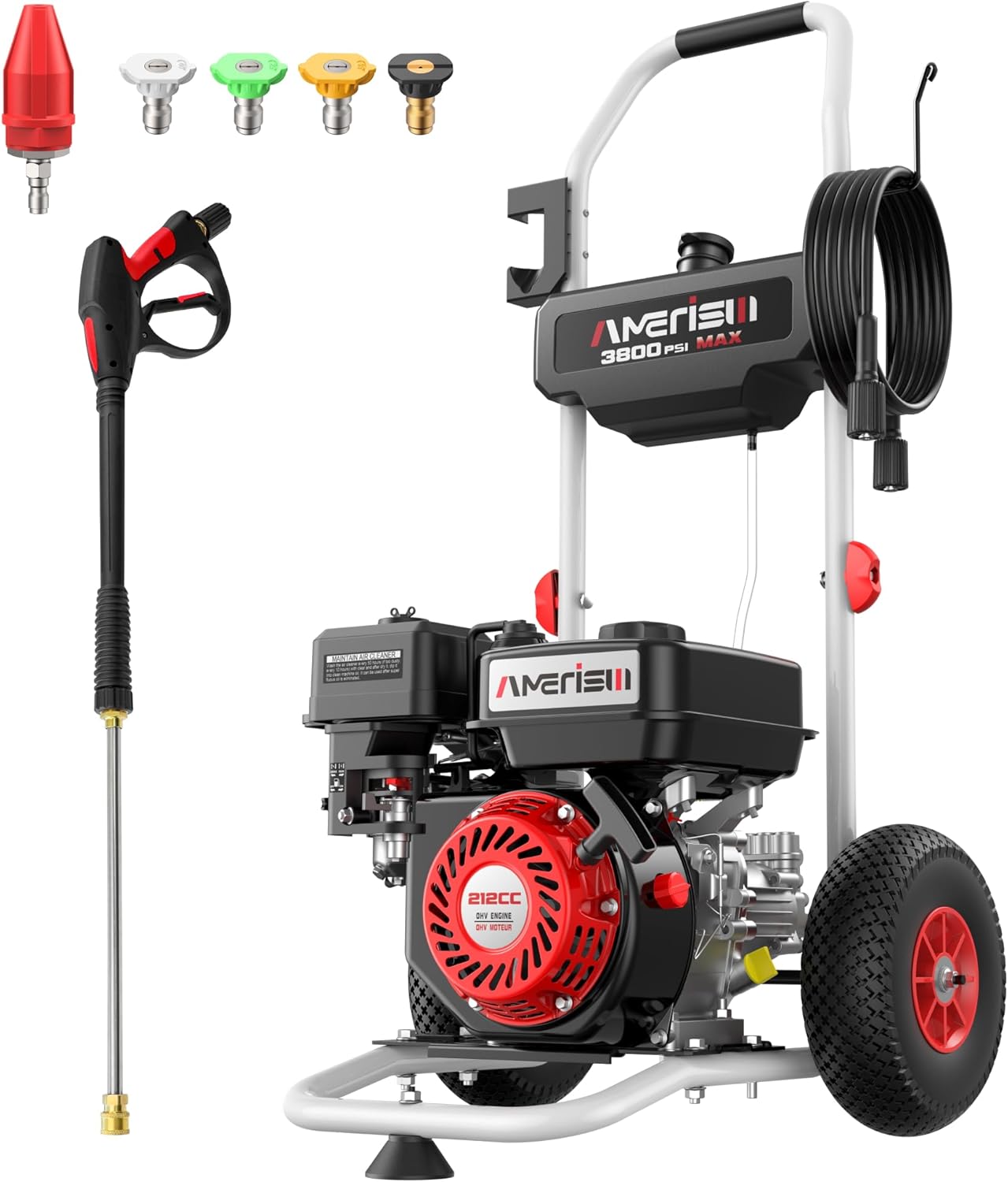 AMERISUN 3800 PSI Gas Pressure Washer 2.5 GPM with 212cc 4-Stroke OHV Engine, 5 Quick-Connect Nozzles & 10