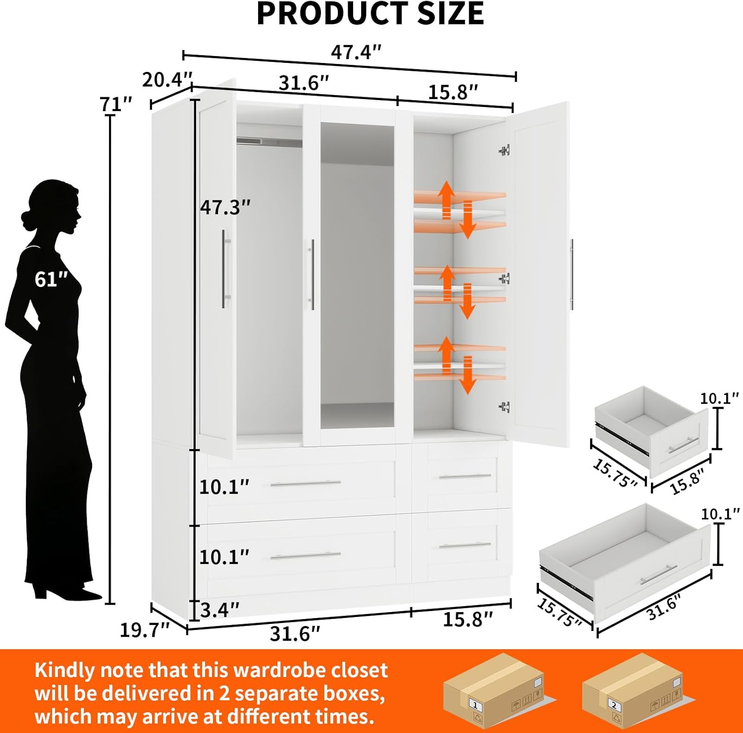 fastgo Armoire Wardrobe Closet with 3 Doors and 4 Drawers, 71