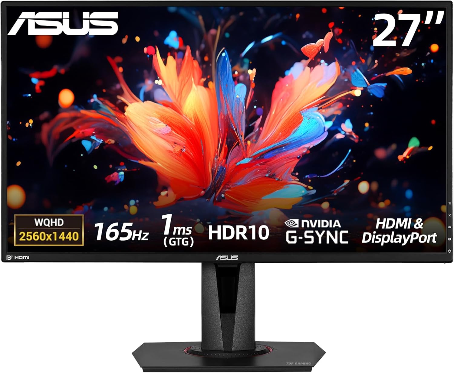 ASUS TUF 27 inch Gaming Monitor, 2K (2560 x 1440), 165Hz, LED Display, 1ms MPRT, G-SYNC Compatible, HDR 10, 99% sRGB, ELMB Sync, Eye Care, VESA Mountable, 1 X DisplayPort, 2 X HDMI, Speaker, Black