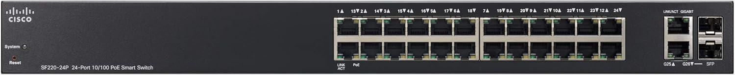 Cisco SF220-24P Smart Switch with 24 Fast Ethernet Plus 2 Gigabit Ethernet (GbE) Uplink Plus 180W PoE, Cisco Small Business Product (SF220-24P-K9-NA-RF) (Renewed)