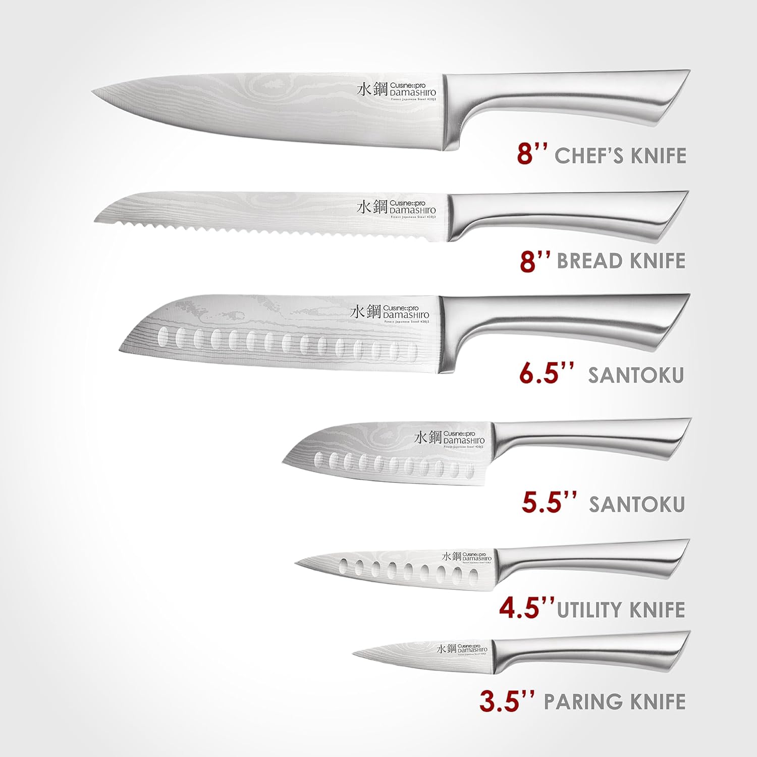 Cuisine::pro Damashiro Knife Block (Kumi, 7-Piece Chef Knife Set) - Japanese Steel Knife - Magnetic Knife Block- Damascus-Inspired Blade Kitchen Knives