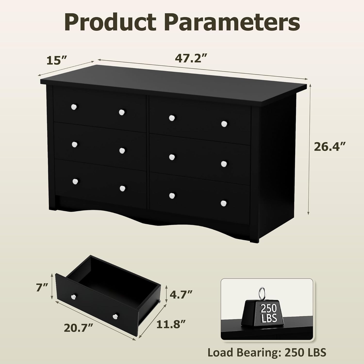 Shahoo Black Dresser for Bedroom with 6 Drawers, 47.2