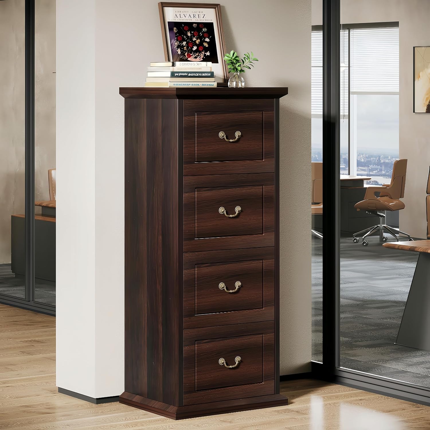 Tribesigns 4-Drawer File Filing Cabinet, Vertical File Cabinet Office Wood Filing Cabinet for A4 /Letter Size Narrow Tall File Storage for Home Office, Walnut