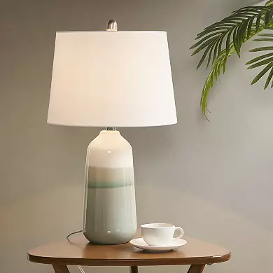 Harmony Ceramic Table Lamp | Ombre Glaze Base | Stainless Steel Accent | Coastal Nautical Style | 24