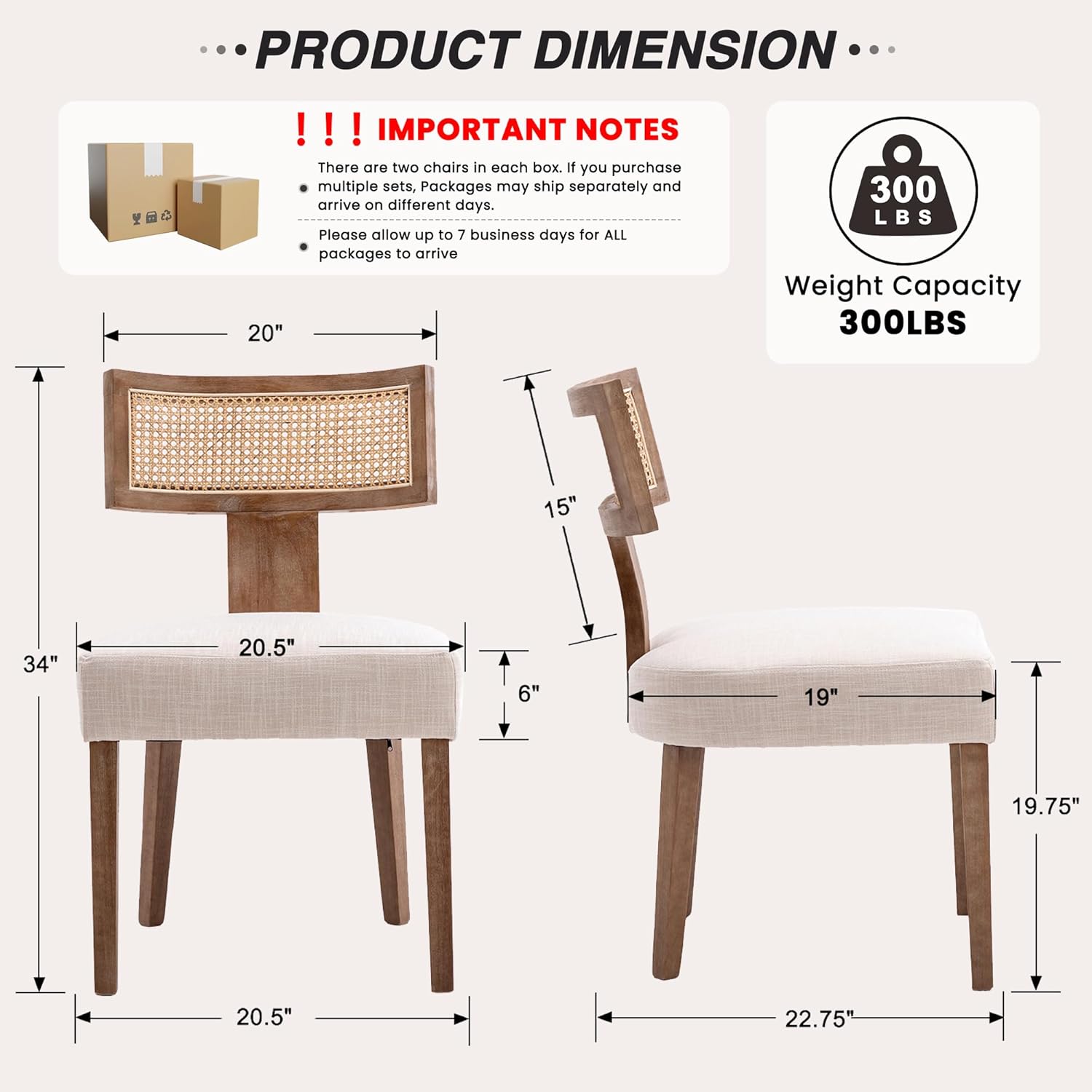 HNY Mid Century Modern Rattan Dining Chairs Set of 2, Farmhouse Linen Upholstered Accent Chair Curved Backrest Kitchen Chairs, with Hardwood Frame, Beige