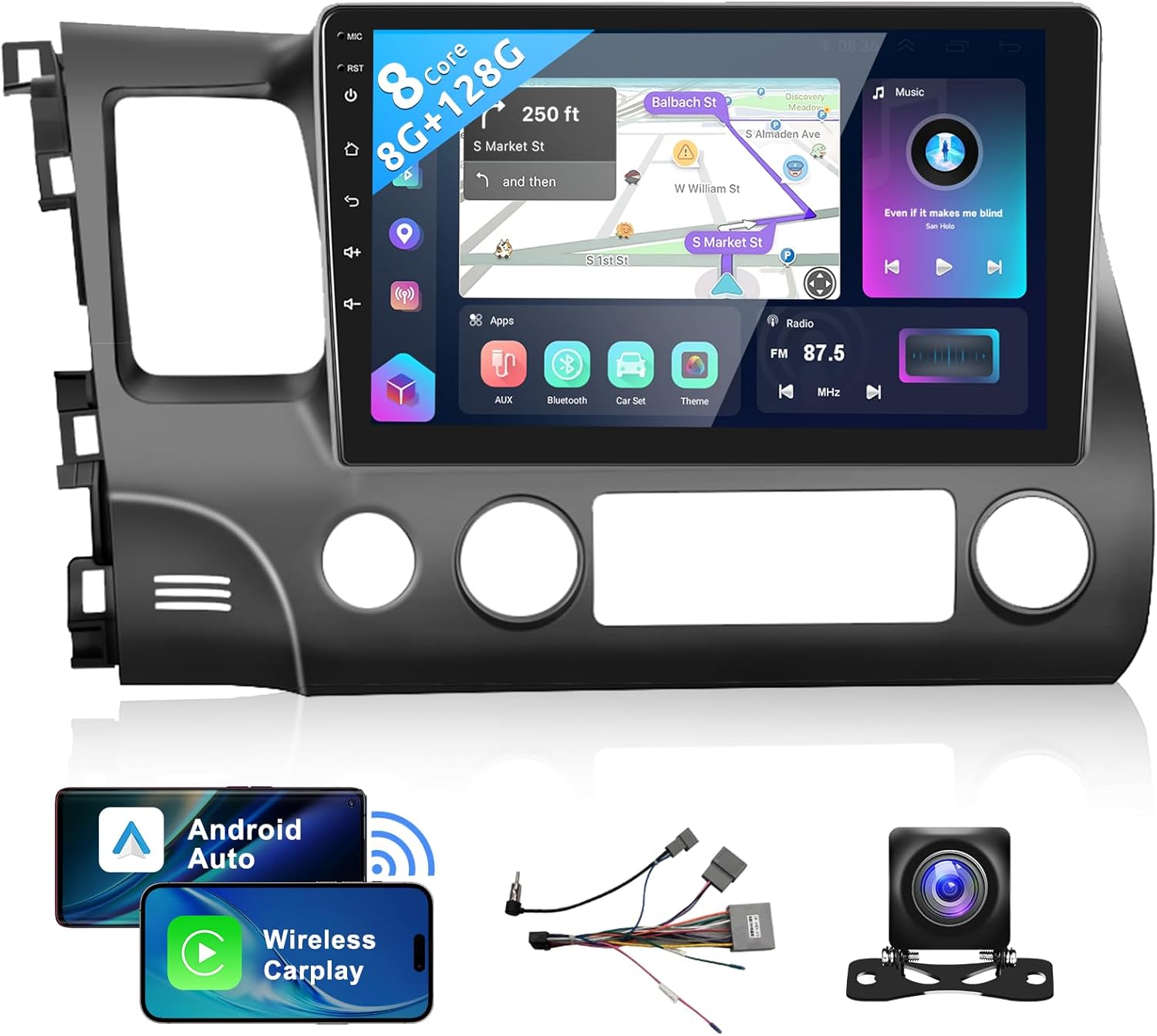 Podofo 8 Core 8+128G Android Car Radio Stereo for Honda Civic 2006-2011 with Wireless Carplay Android Auto, 10.1