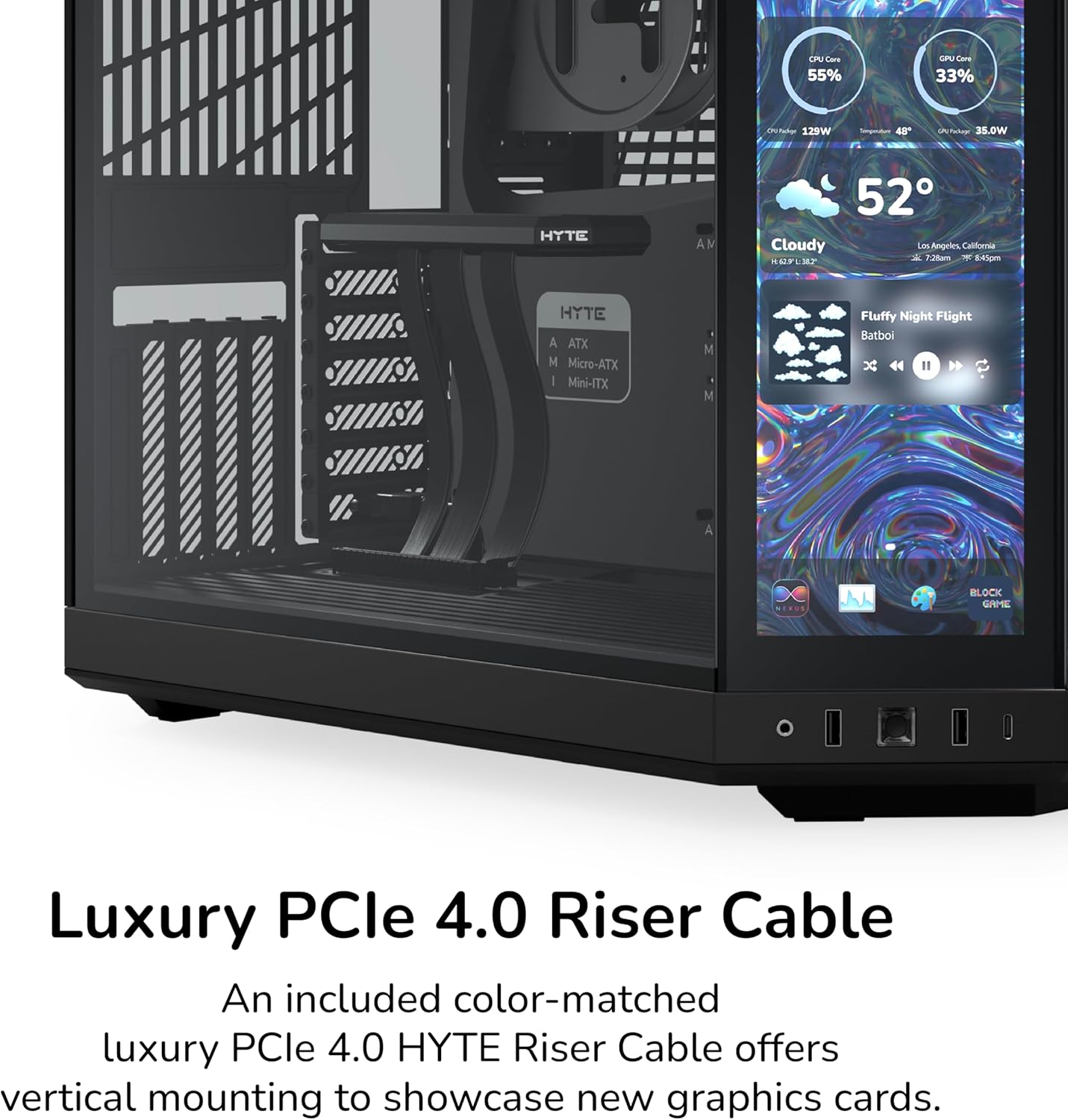 HYTE Y70 Touch Infinite Modern Aesthetic Gaming PC Case - Integrated 2.5K LCD Touchscreen Screen Display - Dual Chamber ATX Desktop Chassis - 10 Fan Capacity - Luxury PCIe 4.0 Riser Cable- Pitch Black