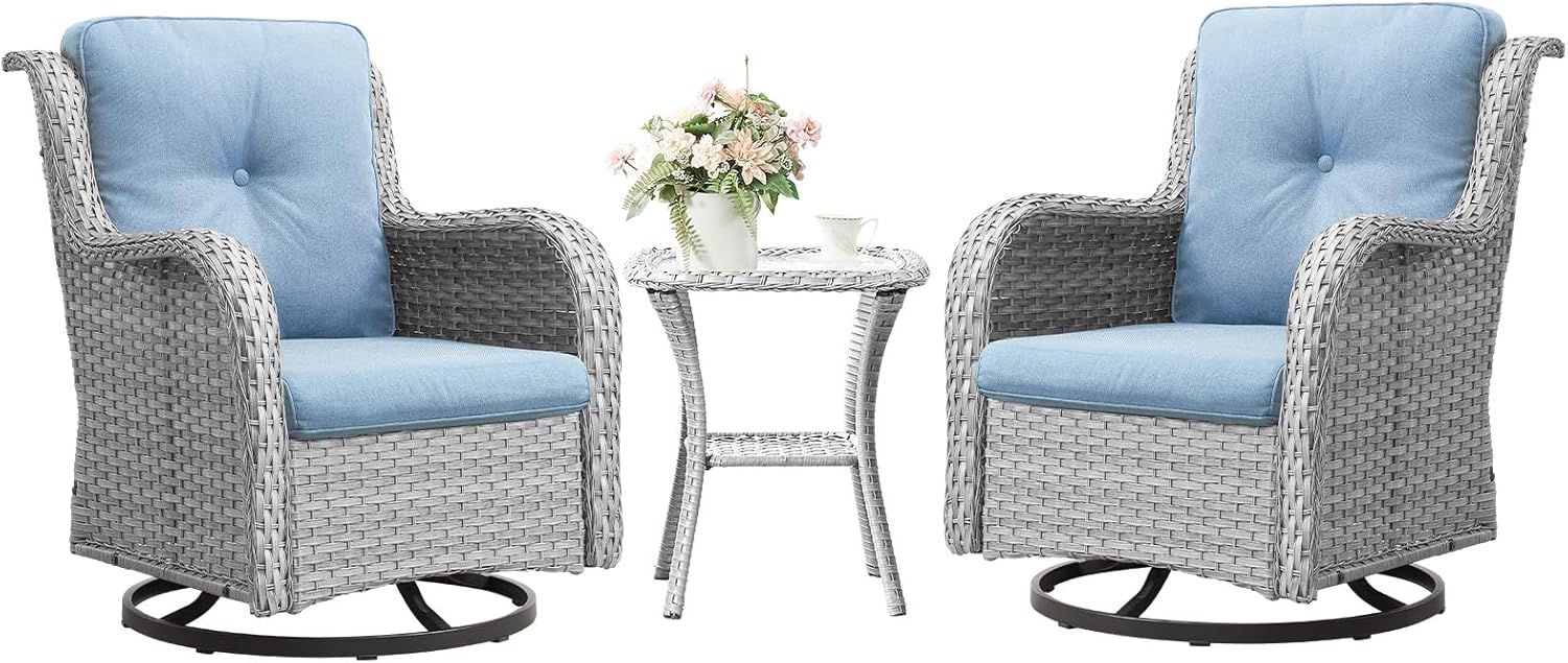 Outdoor Swivel Rocker Bistro Set - 3 Piece Patio Furniture Set Swivel Glider Chairs with Side Table for Porch Deck Balcony, Light Grey/Baby Blue