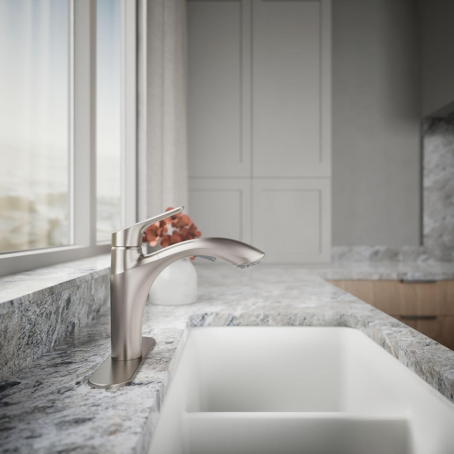 KOHLER 30468-VS Rival Single Handle Pull-Out Kitchen Sink Faucet, 1.5 GPM, High-Arch Swing Spout, Two-Function Sprayhead, Vibrant Stainless