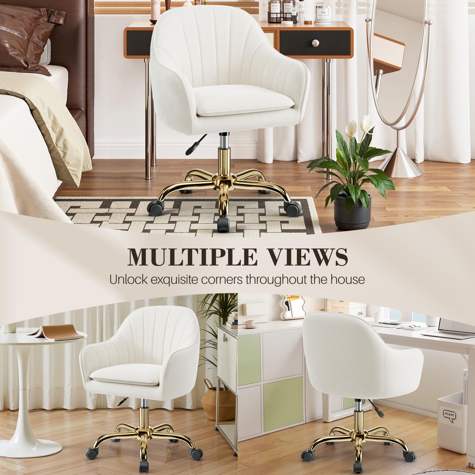 BESTERA Vanity Chair with Wheels - Adjustable Velvet Makeup Chair
