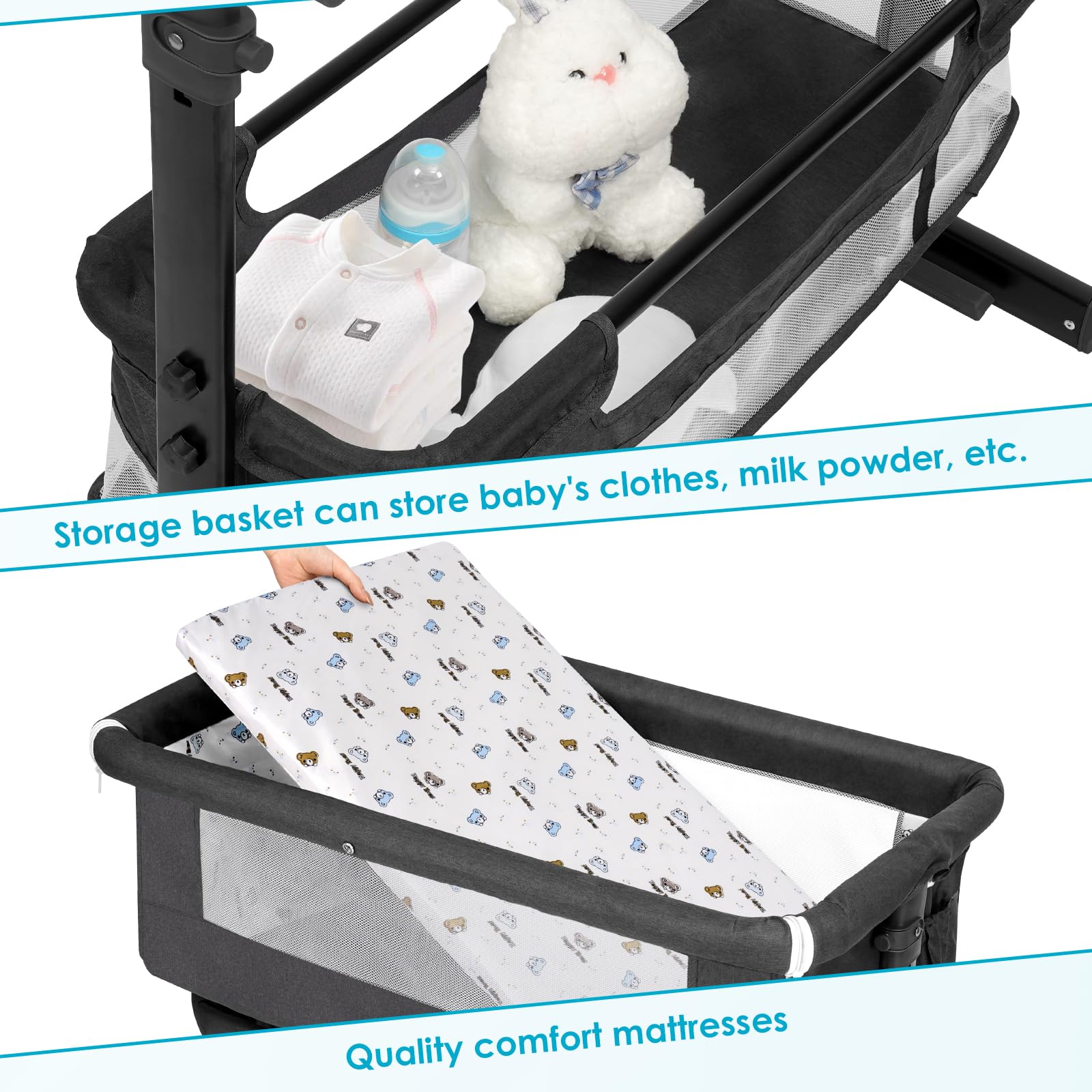 YADAQE Baby Cradle 3-in-1 Convertible Bassinet with Wheels