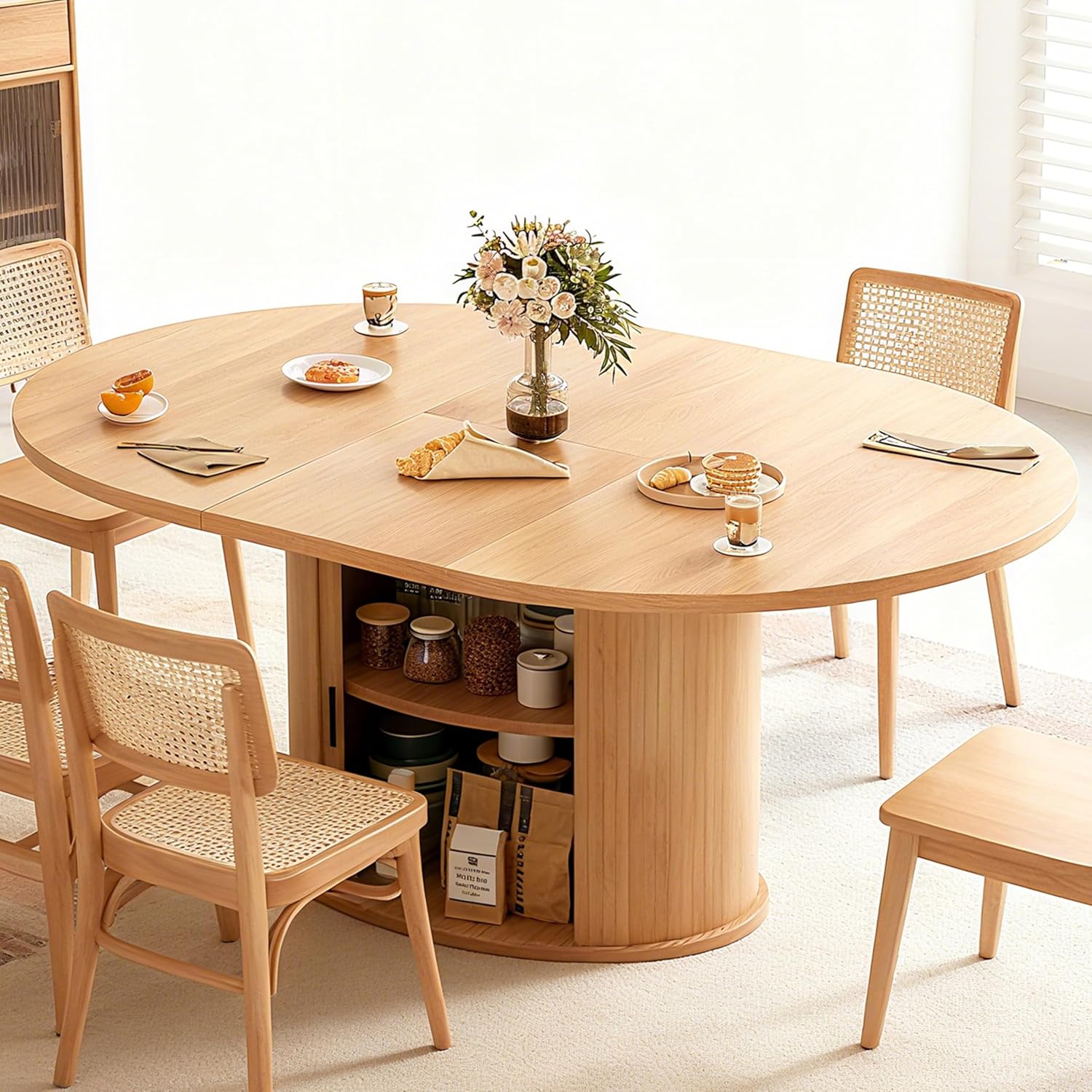 Wildhome Extendable Round Dining Table for 2-4-6, 63 Inch Dining Room Kitchen Table with 2-Tier Storage Shelf, Modern Farmhouse Fluted Wood Slide Door Dinner Furniture,Oval Circle (Oak-63 Inch)