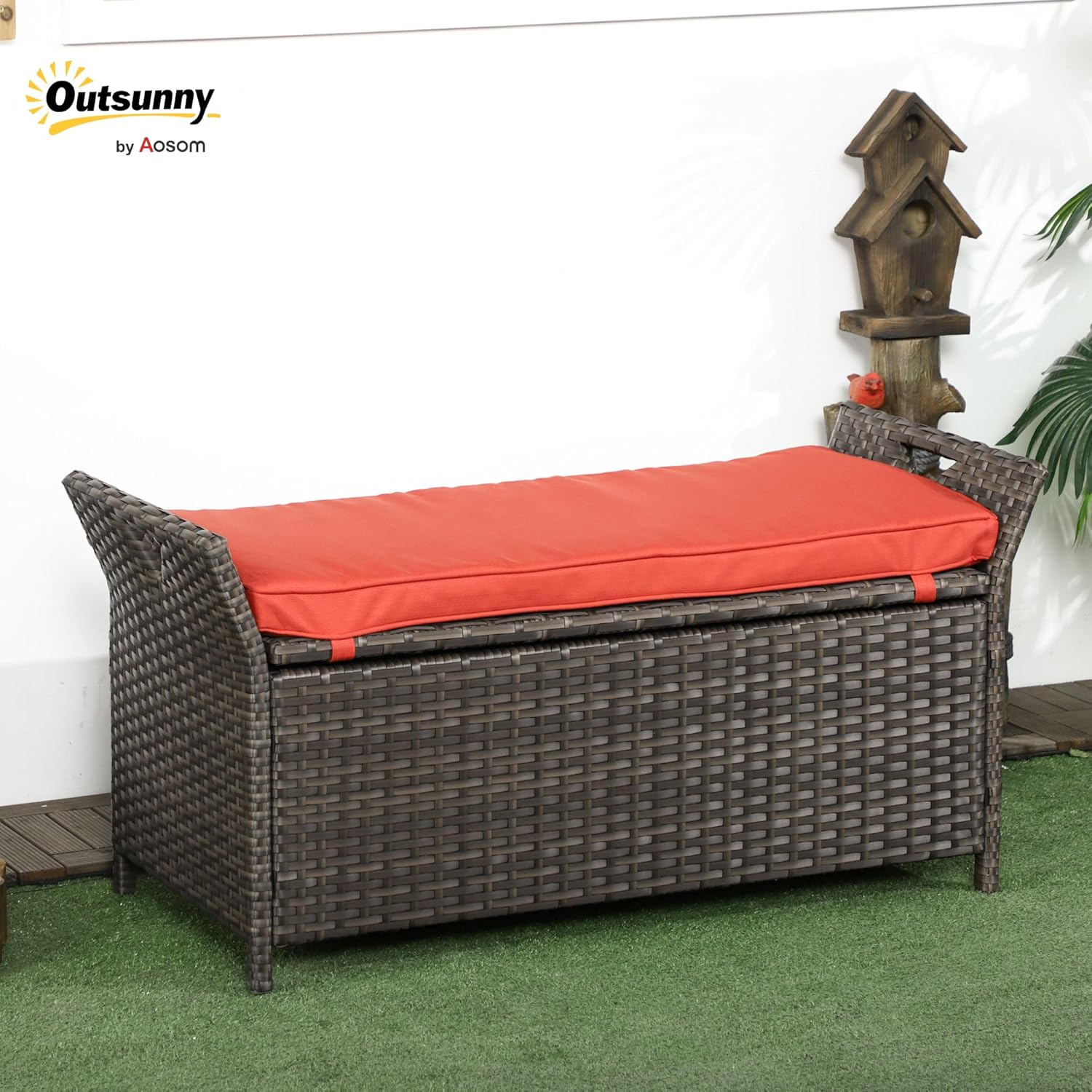 Outsunny 29 Gallon Patio Wicker Storage Bench, Outdoor PE Rattan Furniture, 2-in-1 Large Capacity Rectangle Garden Storage Box with Handles and Cushion, Red