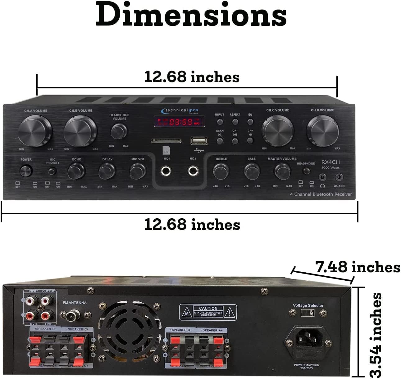 Technical Pro Home Theater System Kit with 1000 Watts 4-Chanel Bluetooth Receiver & 8 Qty 6.5