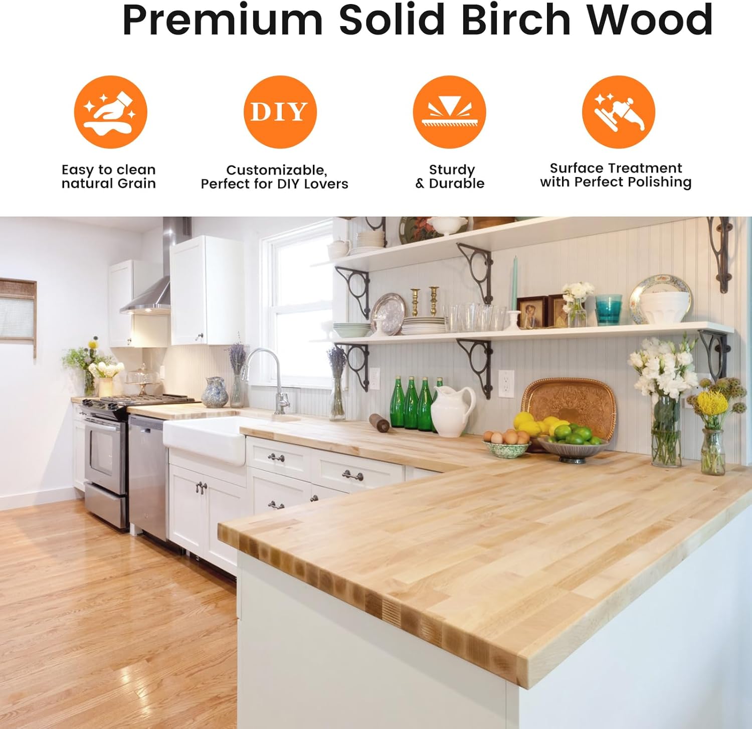 Butcher Block Countertop, Solid Wood Table Top - 3.5ft Unfinished Birch Work Bench Top Cut to Size for DIY Desktop/Washer Counter/Office Desk/Kitchen Island/Living and Dining Room Tables 42x25x1.5in