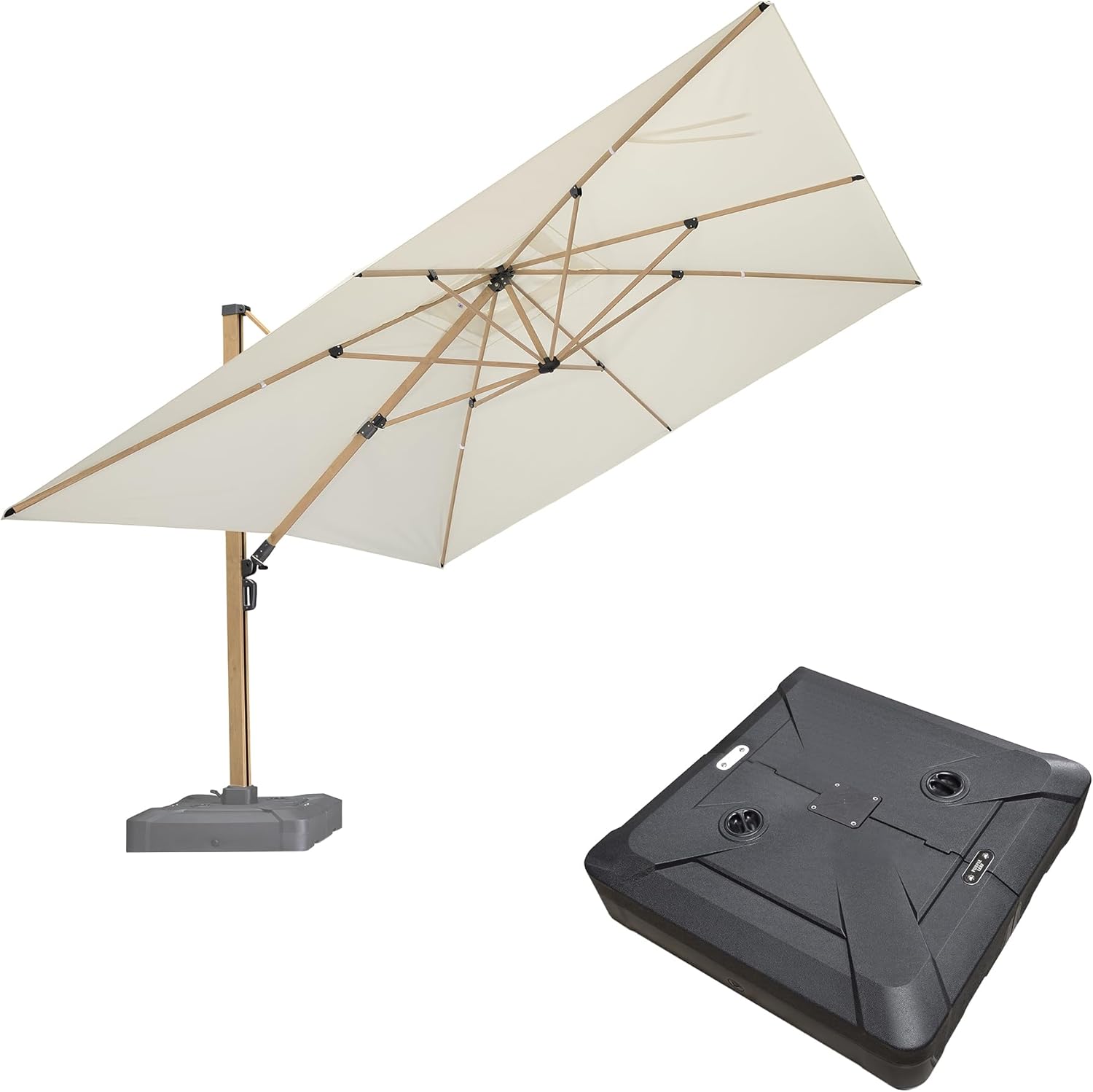 PURPLE LEAF 12FT Patio Umbrella With Base Square Cantilever Umbrella Teak Finished Aluminum Frame Large Windproof Offset Outdoor Sun Umbrellas for Beach Pool Deck, Cream