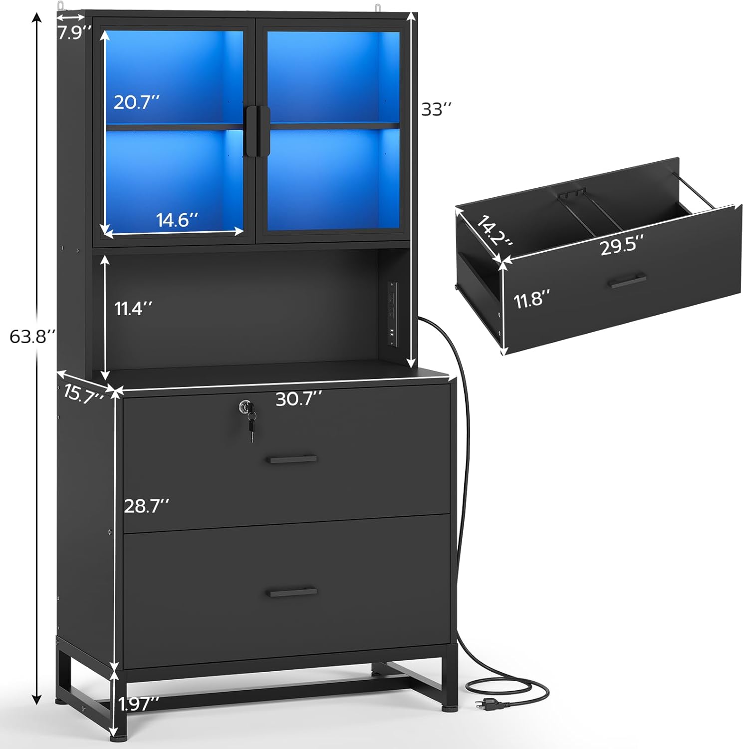 SEDETA 2 Drawer File Cabinet with Lock & Charging Station, Filing Cabinet Fits Letter, Legal, A4 Size, Wood File Cabinets for Home Office with Bookshelf, Printer Stand with Storage Shelf, Black