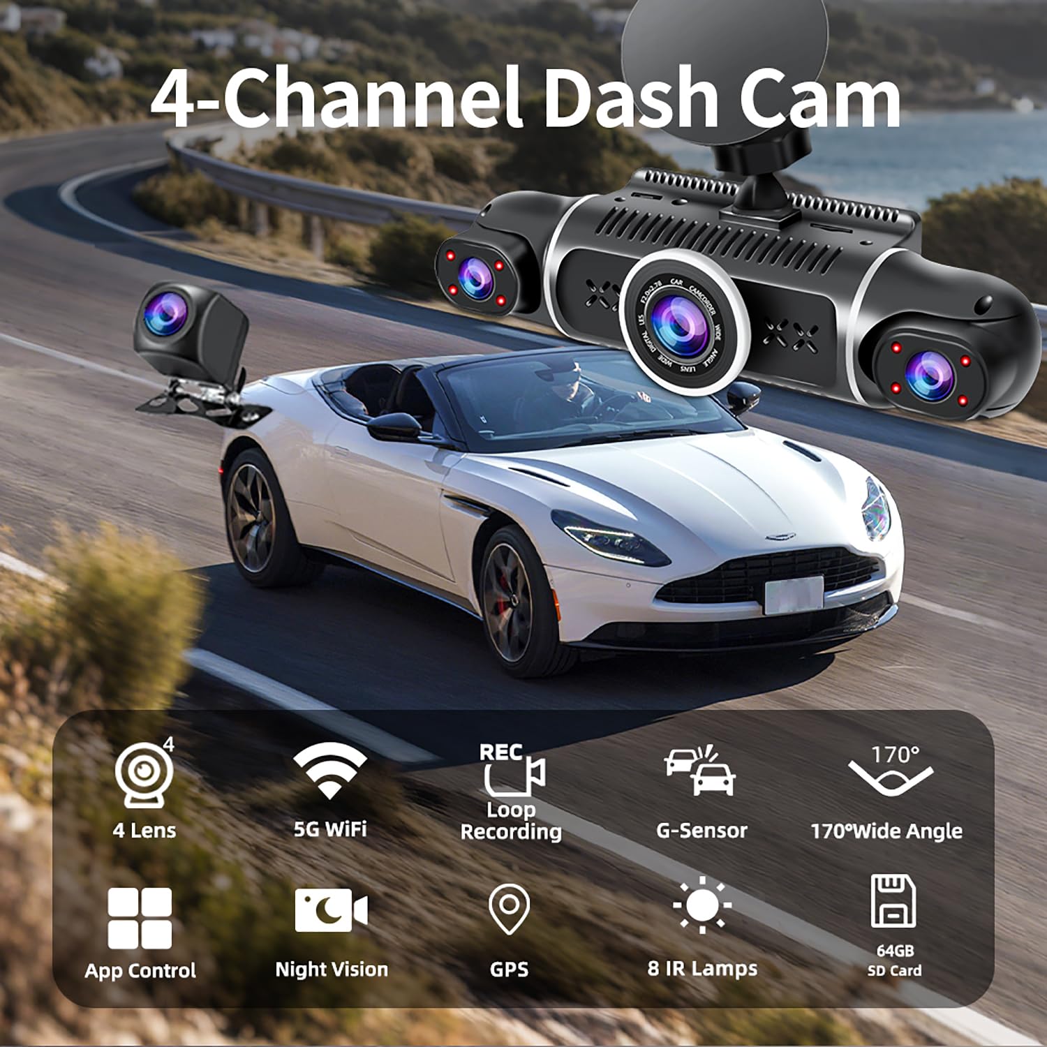 ZUNFLY 360° Dash Cam 4-Channel FHD 2K & Night Vision