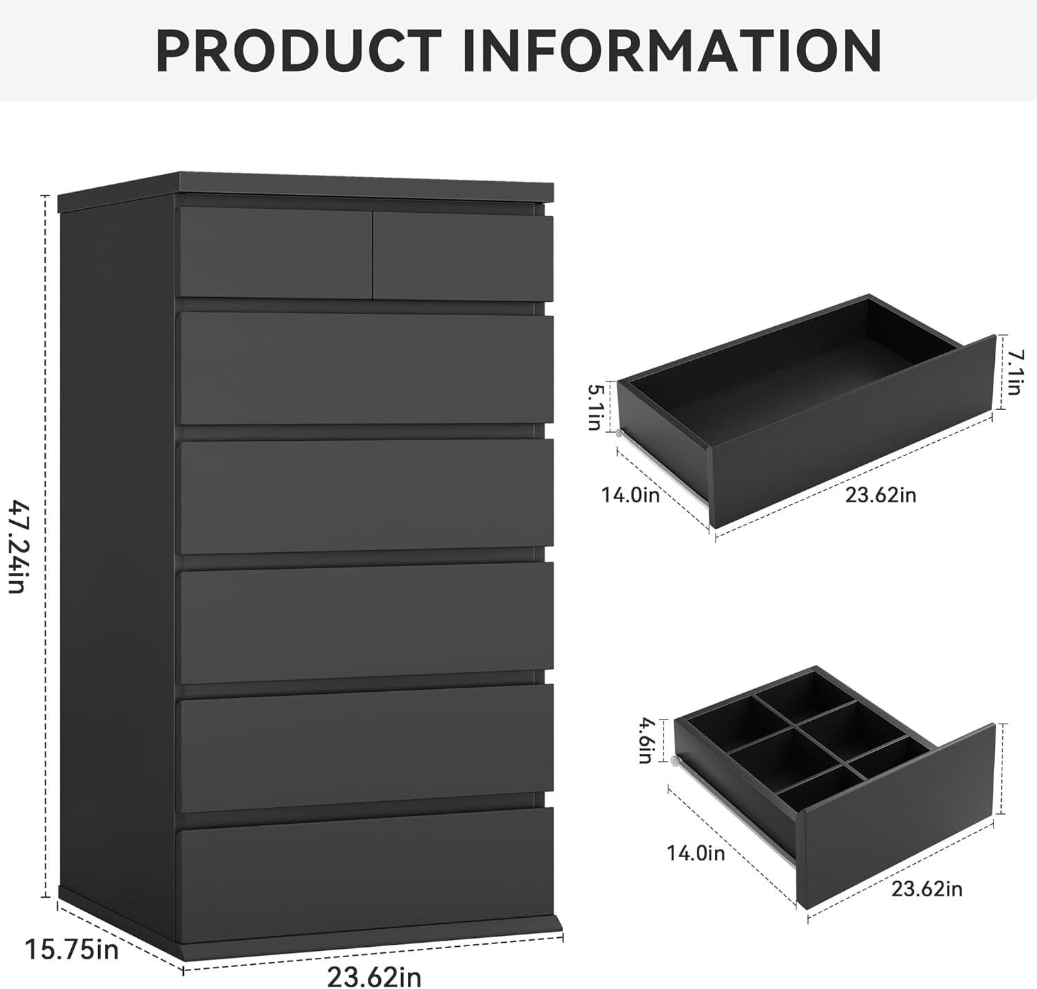 Black Tall 7 Drawer Dresser for Bedroom, Modern Wood Closet Dressers & Chests of Drawers with Jewelry Storage, 23.6