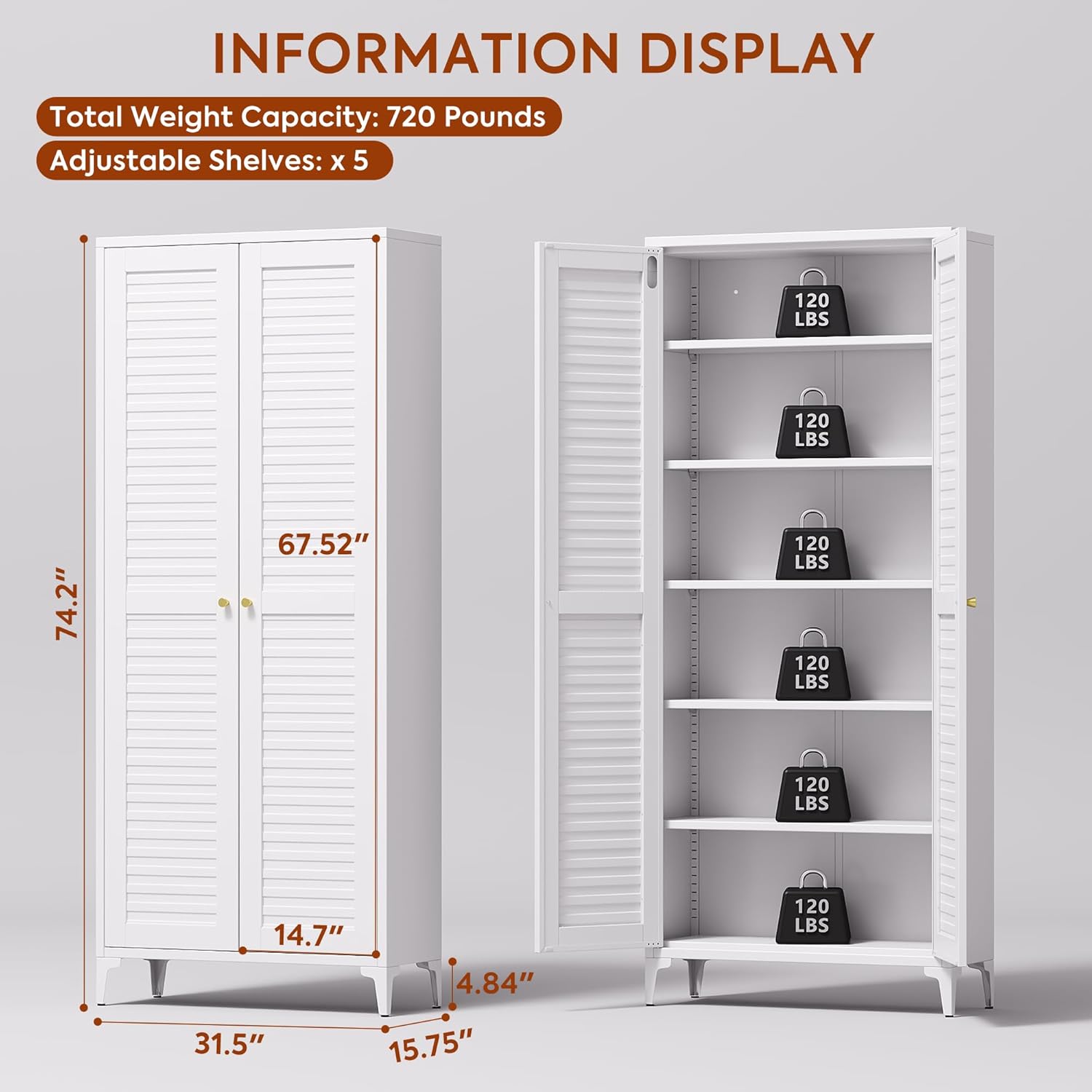 Metal Kitchen Pantry Cabinet with 2 Doors,Metal Pantry Cabinet with 5 Adjustable Shelves for Kitchen,Home,74.2