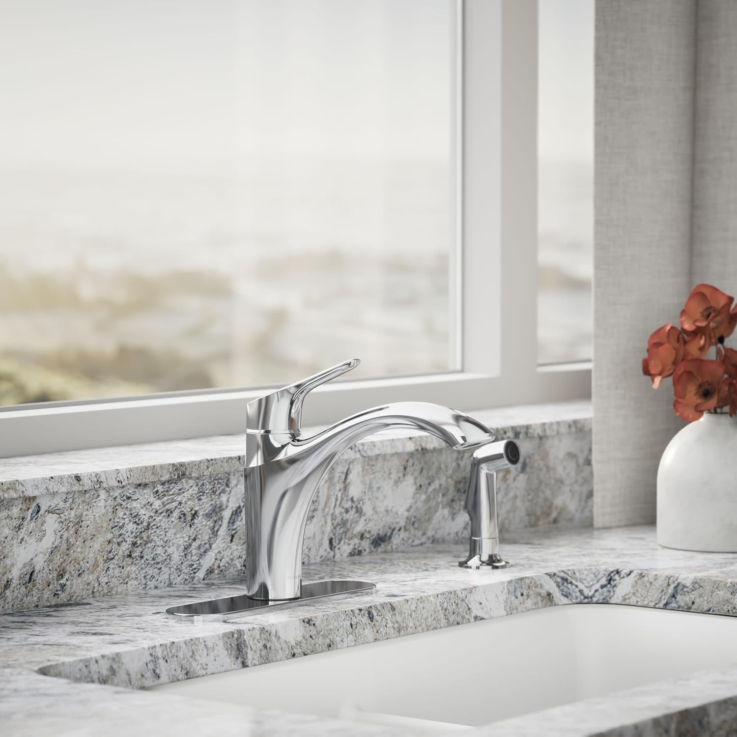 KOHLER 30470-CP Rival Swing Spout Kitchen Sink Faucet with Side Sprayer, High-Arch Single Handle, Temperature Memory, Corrosion Resistant, Polished Chrome