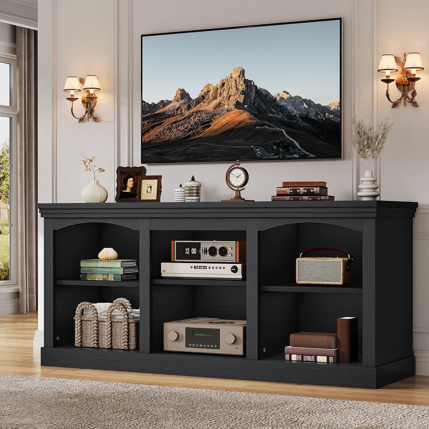 YITAHOME Farmhouse TV Stand with Cord Management for 75/80 Inch TV, Entertainment Center with Adjustable Shelf & Open Storage, 70