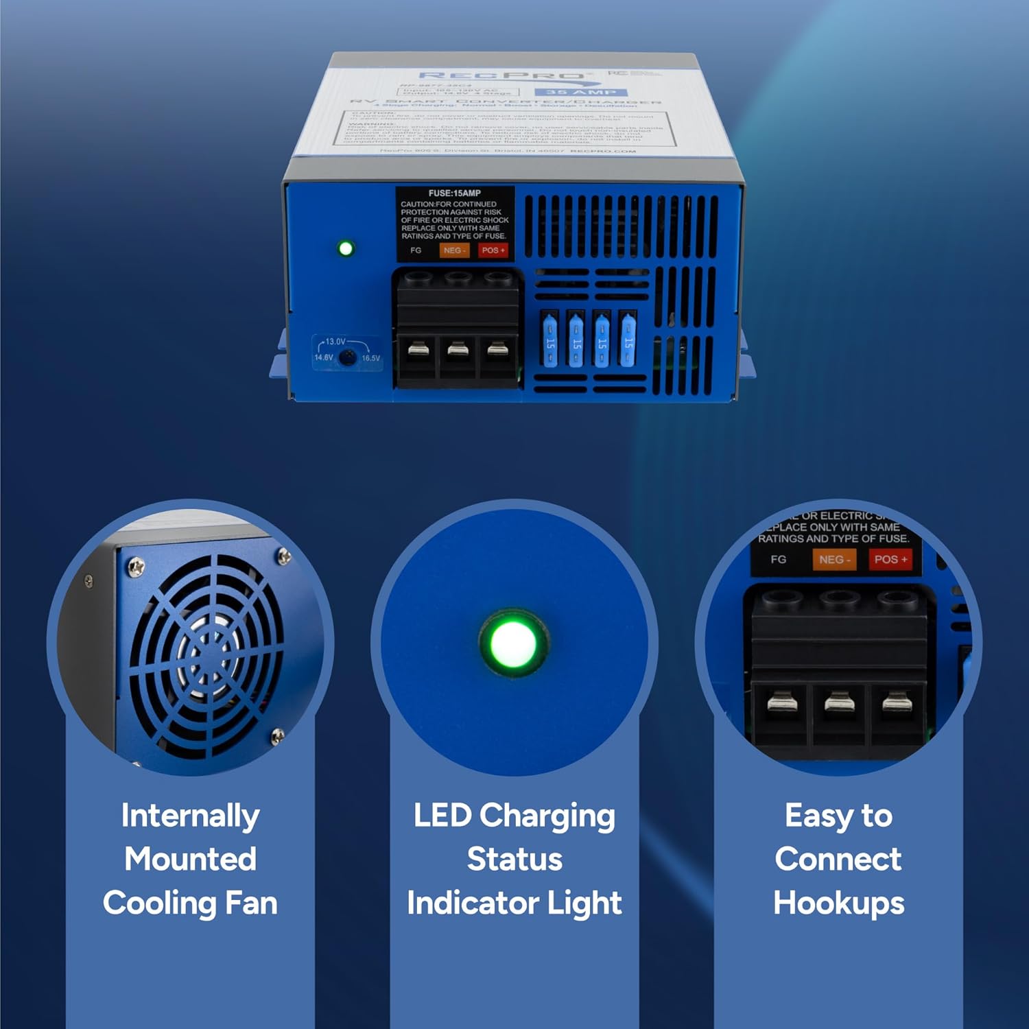 RecPro RV Converter 35 Amp | RV Power Converter & Battery Charger | 4 Stage Smart Charging | 120VAC to 12VDC | 13V to 16.5V Operating Range