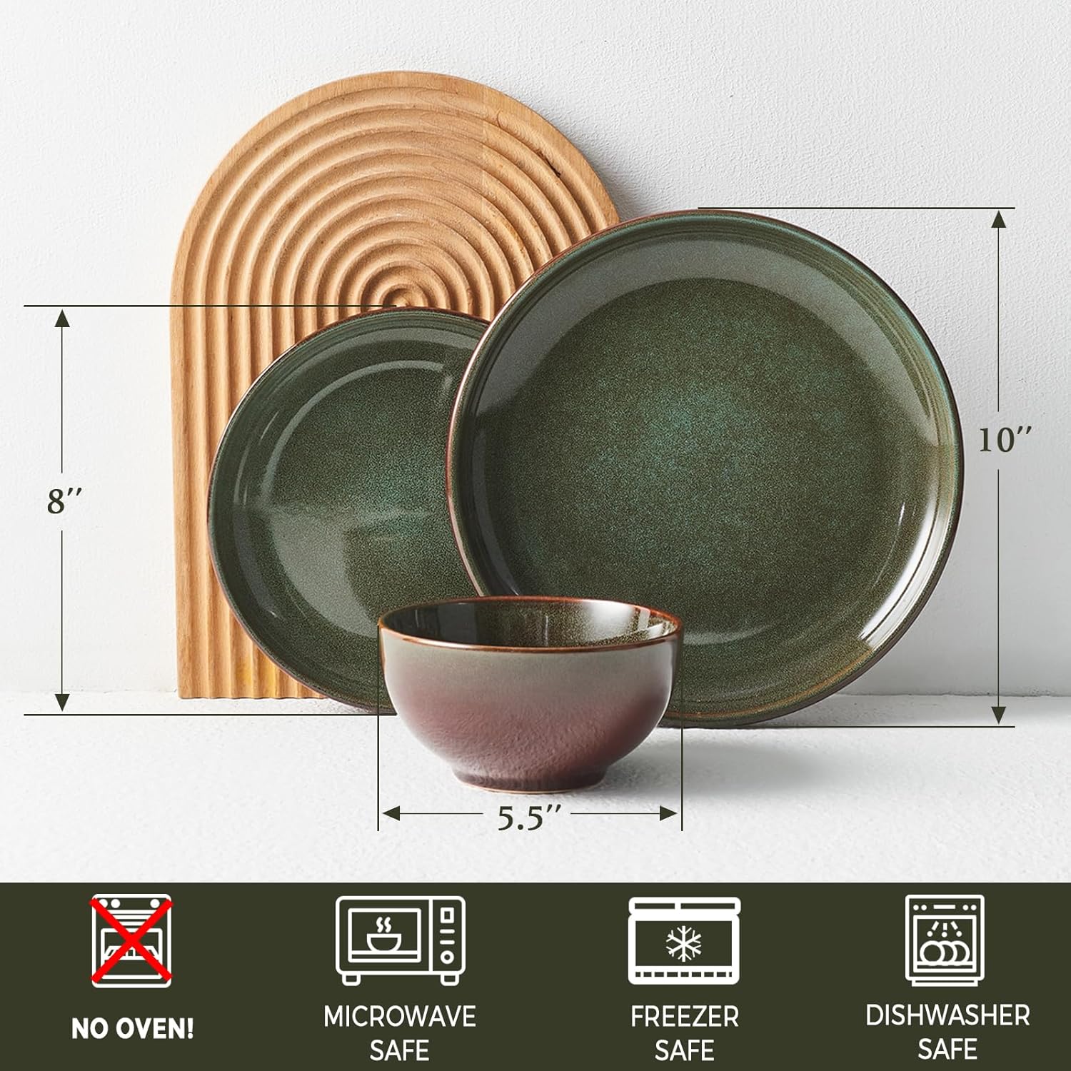 Pokini Stoneware Dinnerware Sets Service for 4, 12 pcs Reactive Glaze Plates and Bowls Sets, Handmade Ceramic Dish Set, Highly Chip and Crack Resistant Modern Plate Set, Brown Green