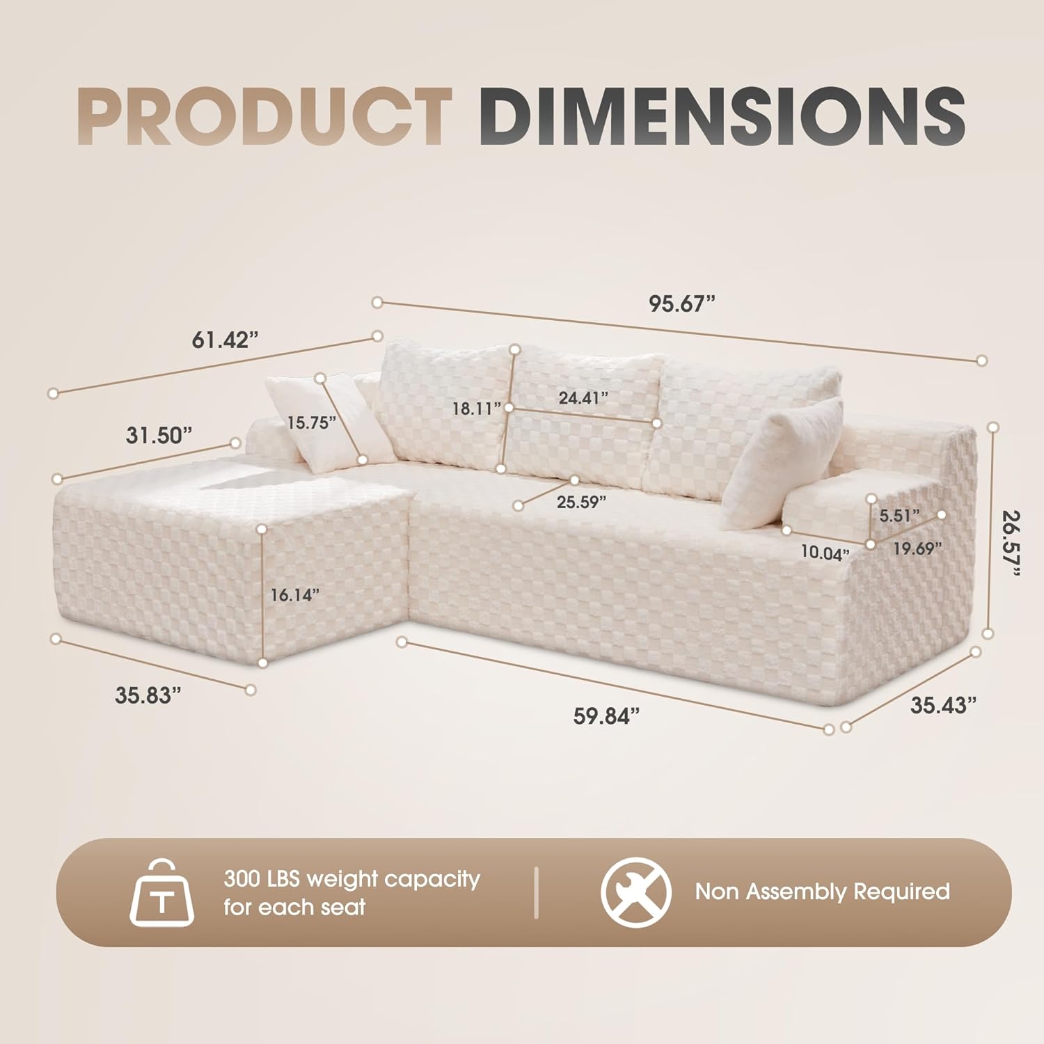 Hobestluk Modular Sectional Sofa Couches L-Shape Couch 3 Seat Modular Sofa Memory Foam Sectional Couches for Living Room, Cloud Couch with Oversized Chaise (96