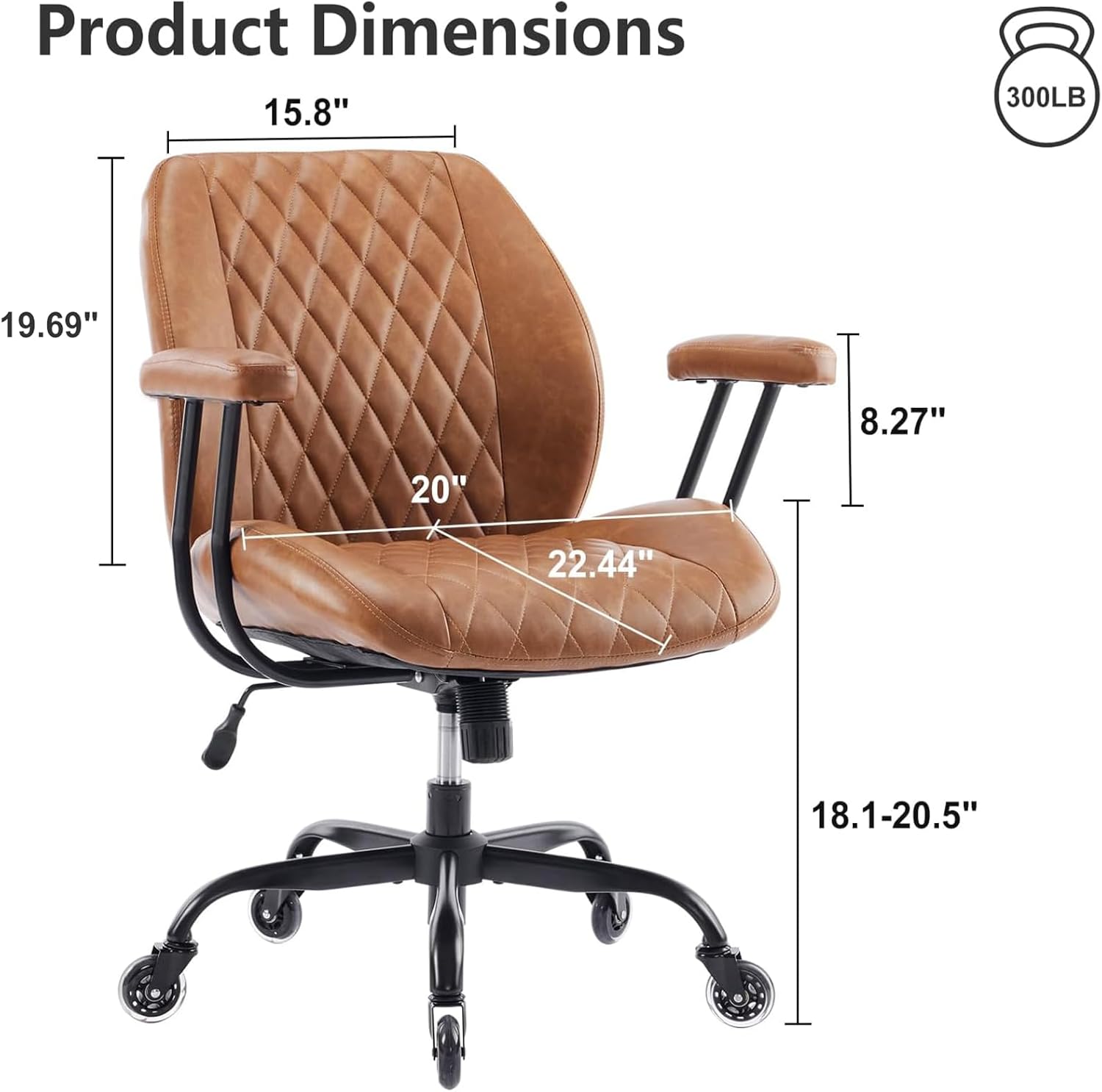 YFO Home Office Desk Chair Office Rubber Casters Ergonomic Computer Chair with Lumbar Support Adjustable Height Rolling Swivel Executive Task Armrests Chair . Brown Leather