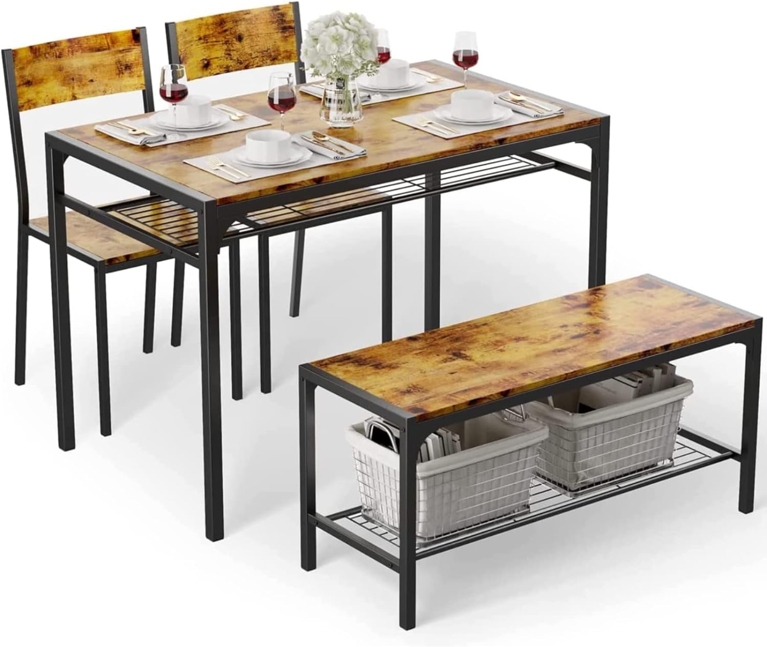 Gizoon Kitchen Table and 2 Chairs for 4 with Bench, 4 Piece Dining Table Set for Small Space, Apartment (Rustic Brown)