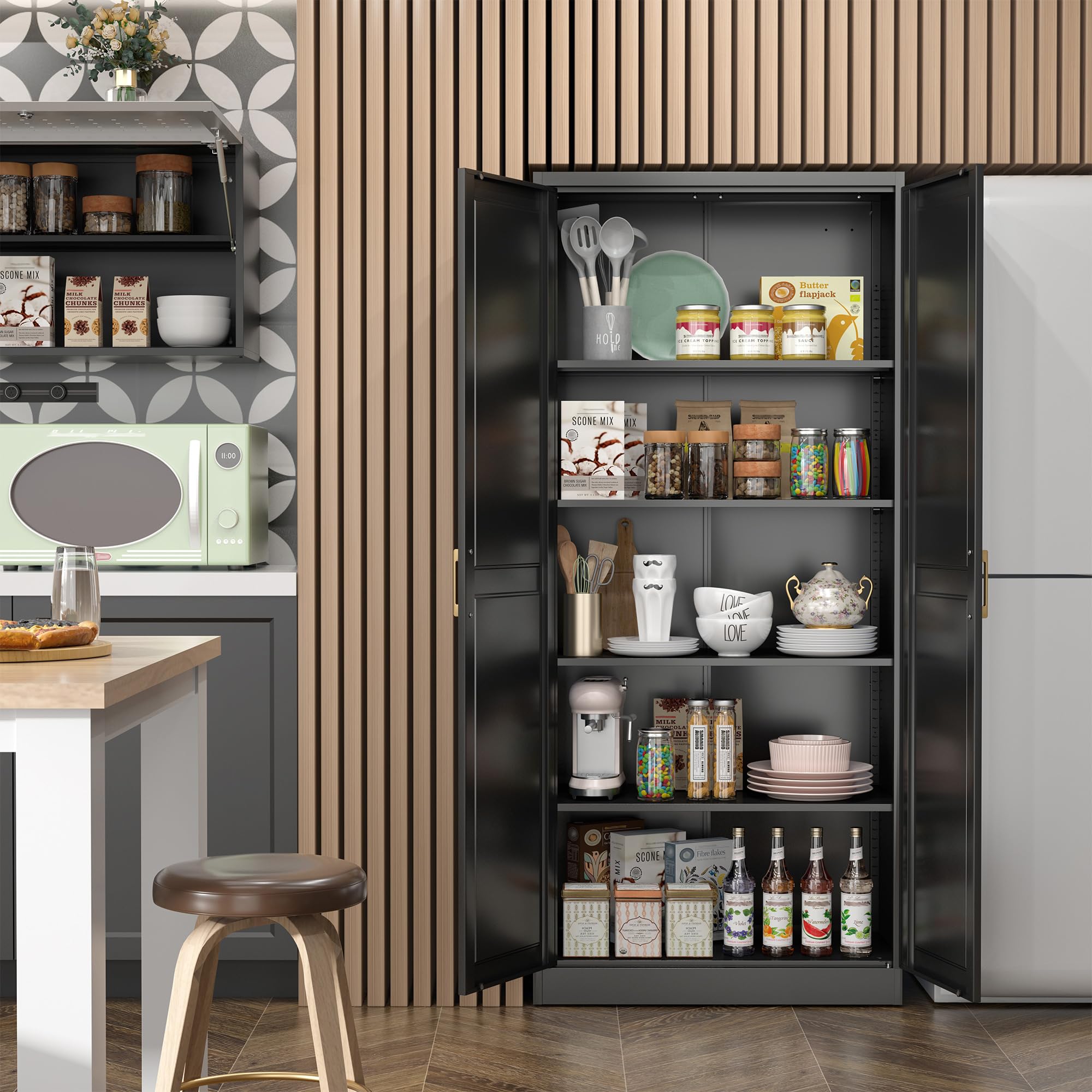 STEELOONG Black Metal Kitchen Pantry Cabinet with Adjustable Shelves