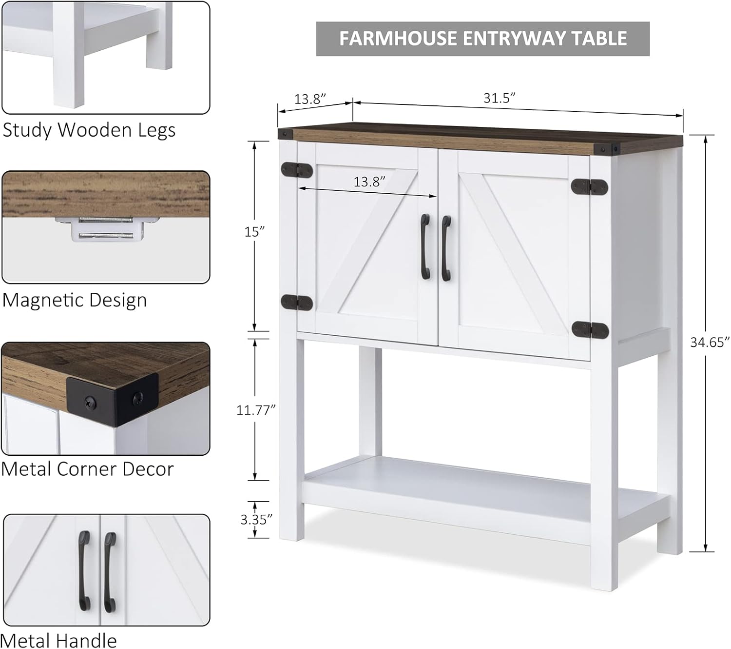 Mufico Console Table Coffee Bar Cabinet Sofa Table,31.5 L x 13.8 D x 34.65 H,Entryway Table with 2 Storage Cabinets, Farmhouse Buffet Sideboard for Kitchen, Foyer,Hallway (White)